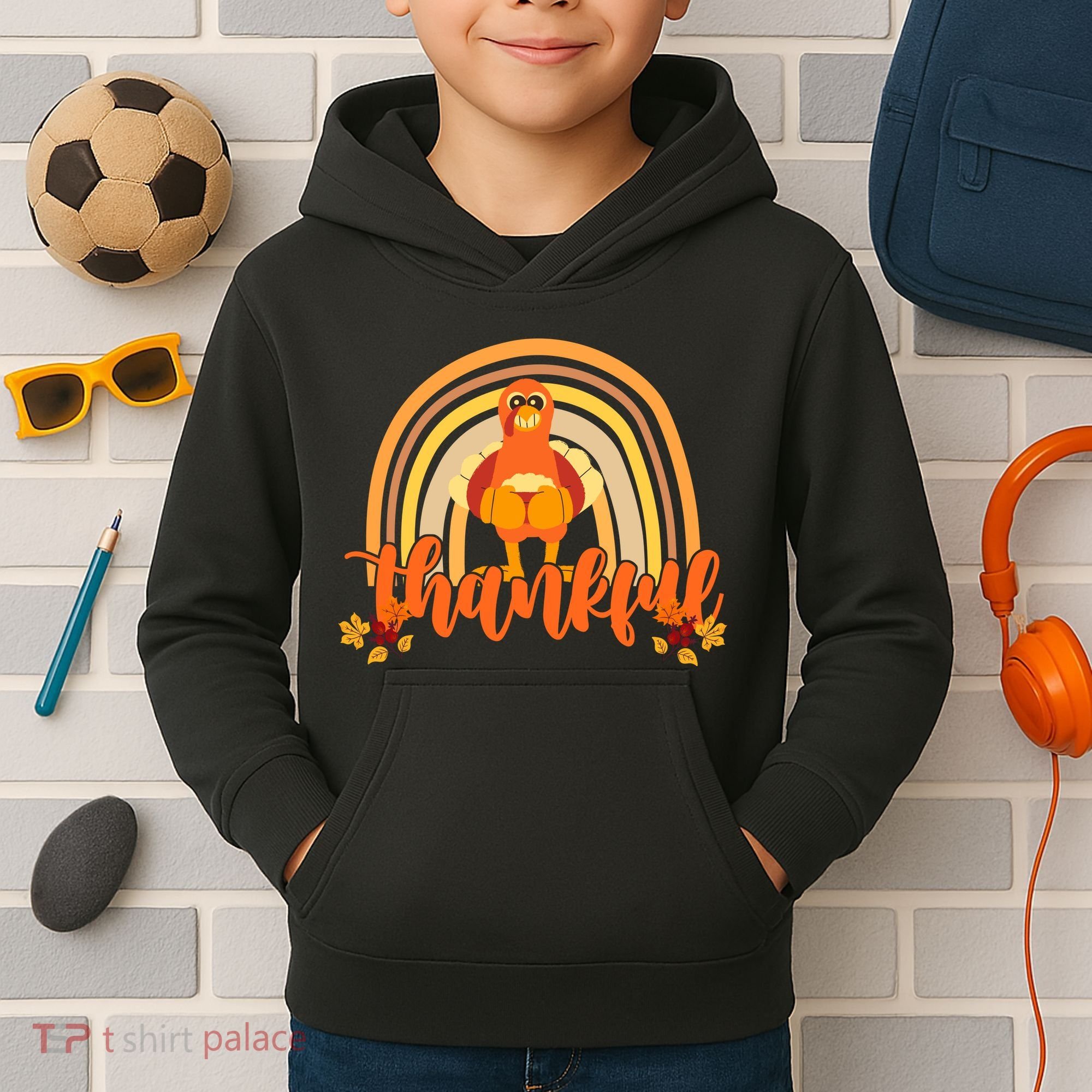 Thankful Turkey Fall Rainbow Thanksgiving Kids Hoodie