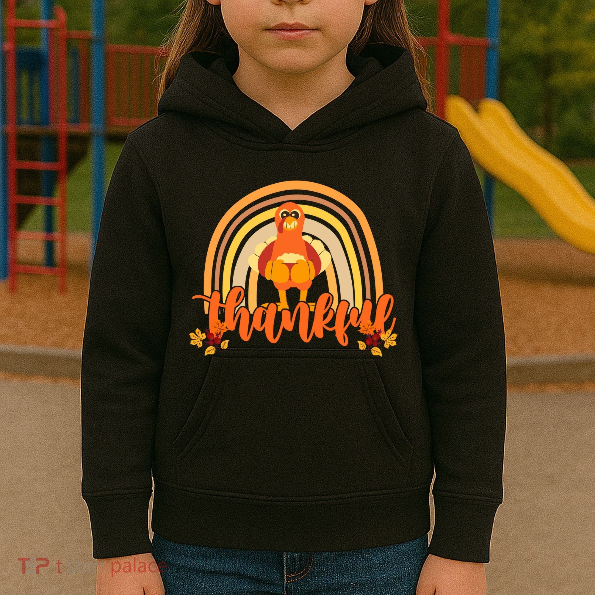 Thankful Turkey Fall Rainbow Thanksgiving Kids Hoodie