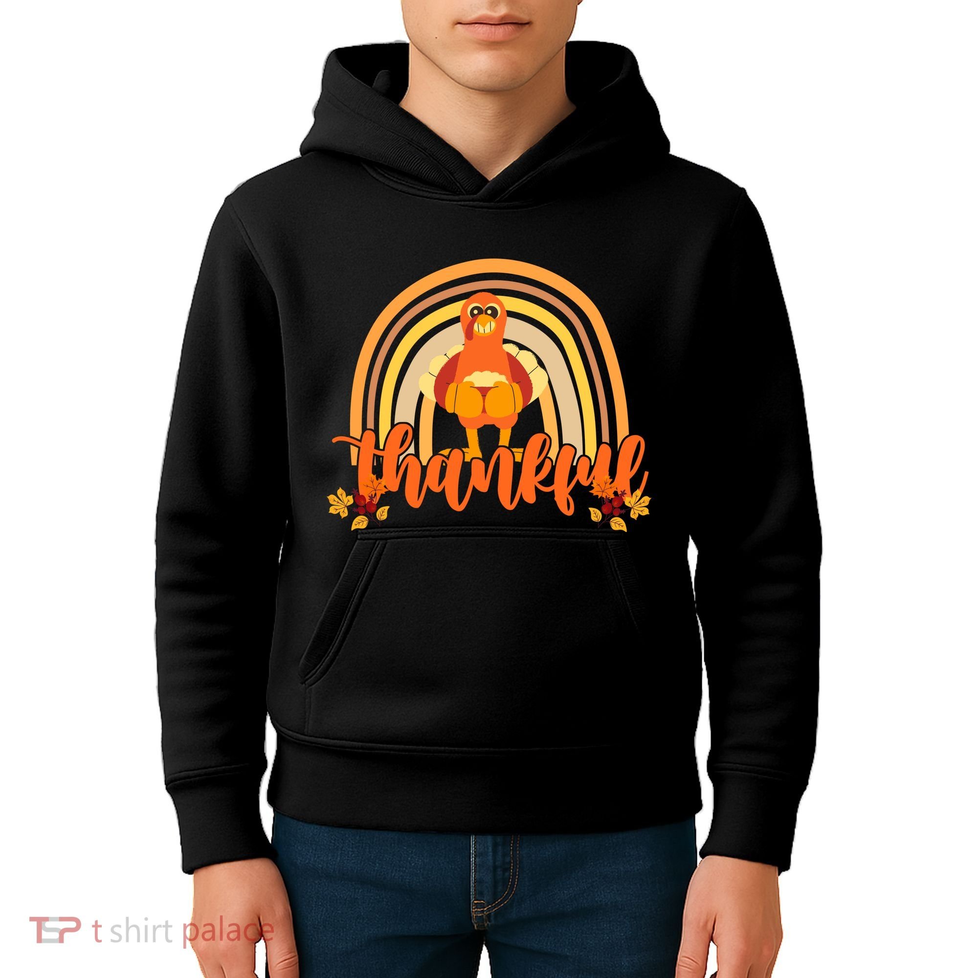 Thankful Turkey Fall Rainbow Thanksgiving Kids Hoodie