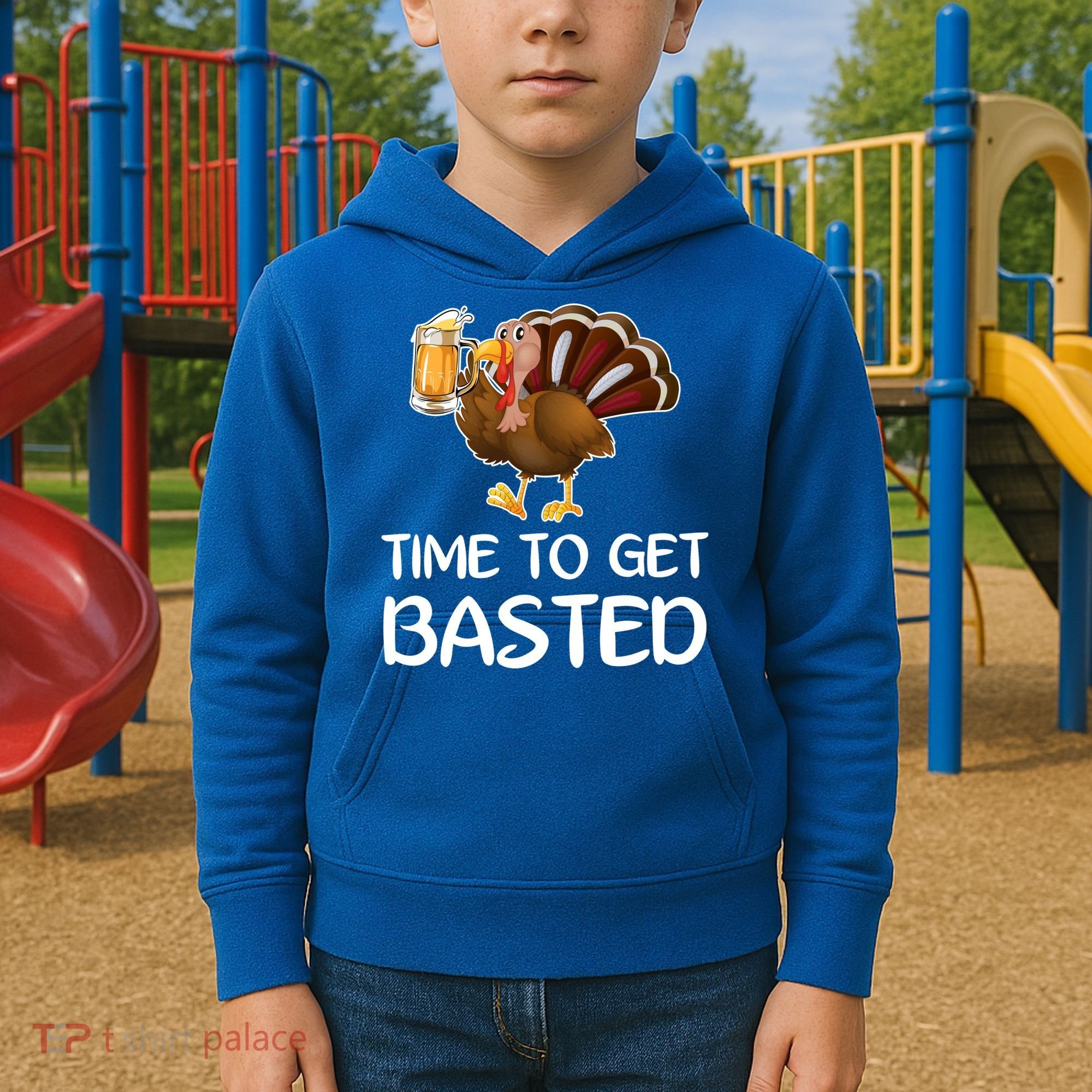 Time To Get Basted Turkey Beer Funny Thanksgiving Gift Kids Hoodie