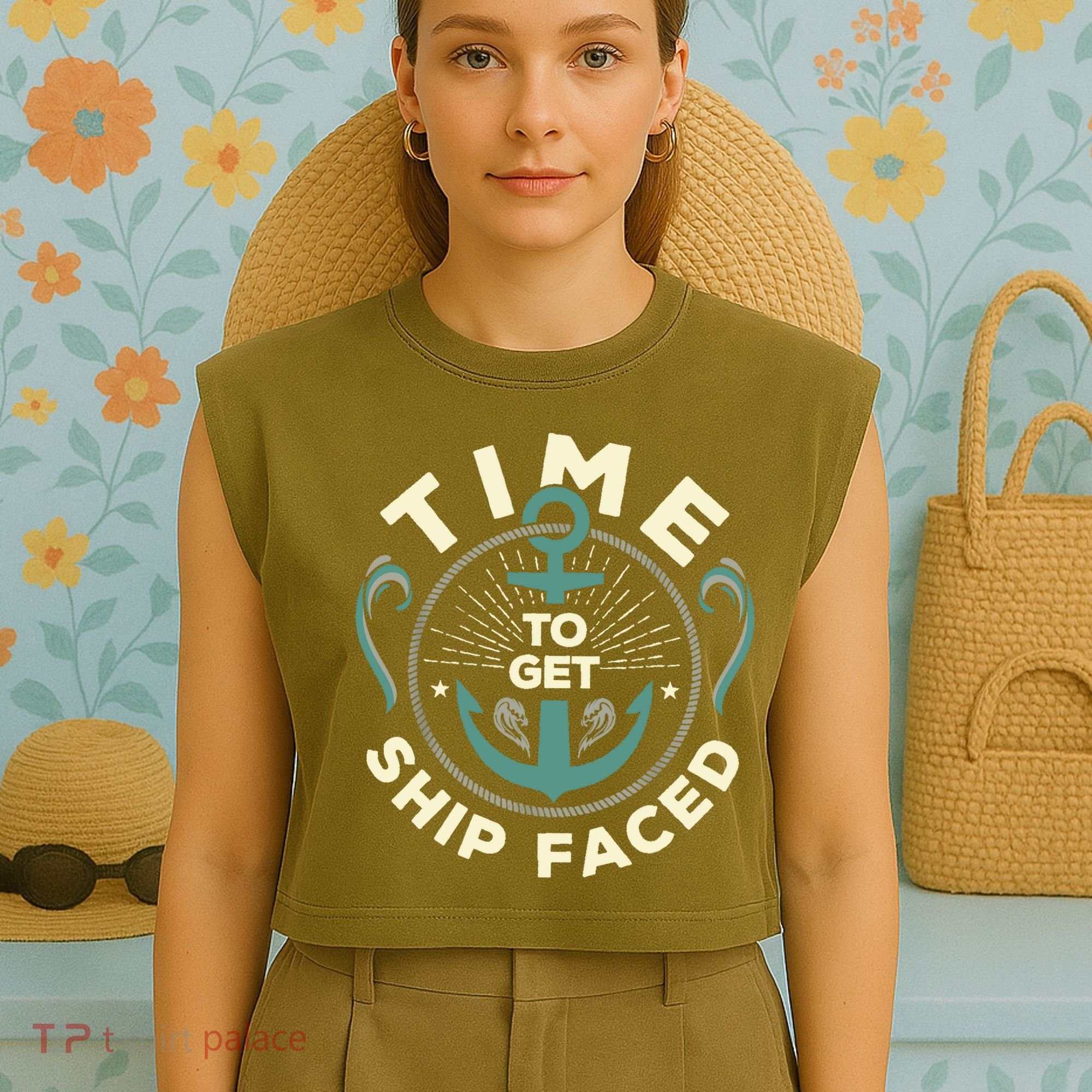 Time To Get Ship Faced Funny Cruise Garment-Dyed Women's Muscle Tee