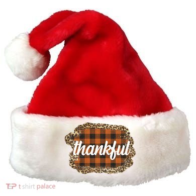 Thankful Thanksgiving Holiday Cheetah Plaid Santa Hat