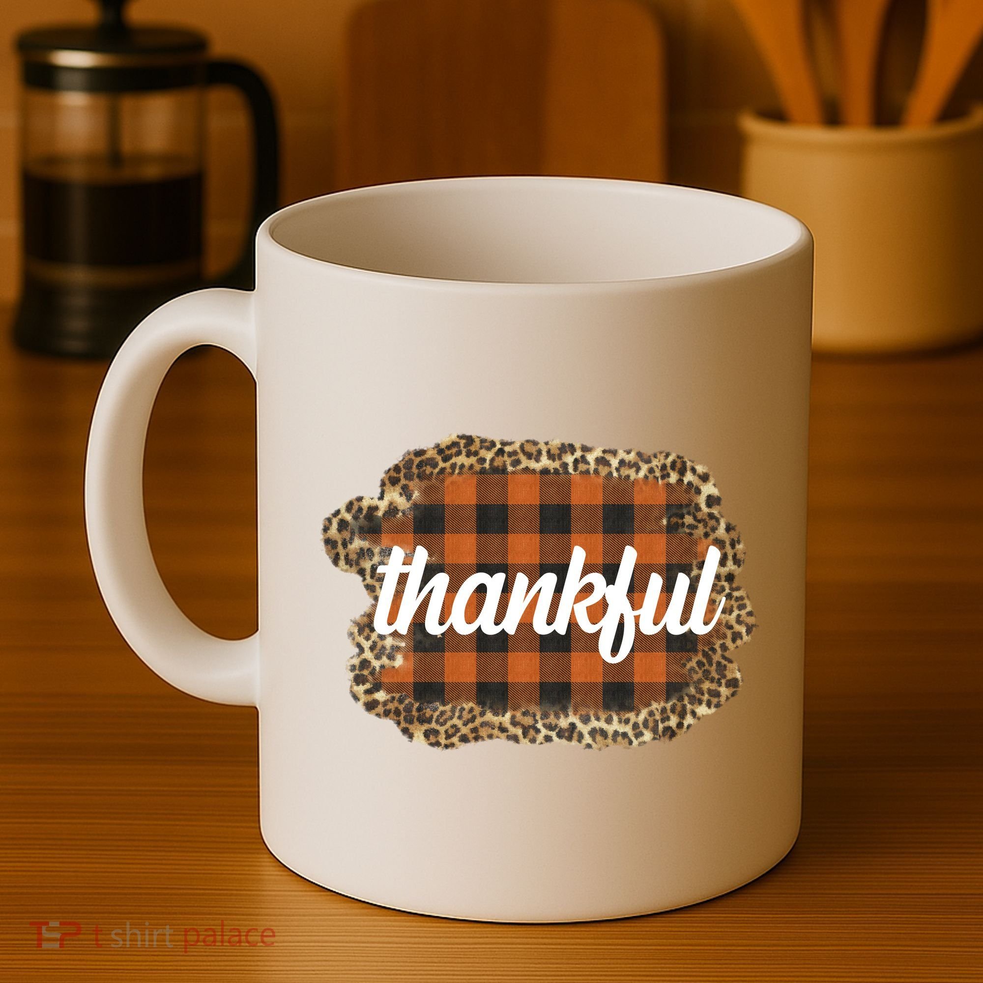 Thankful Thanksgiving Holiday Cheetah Plaid Coffee Mug