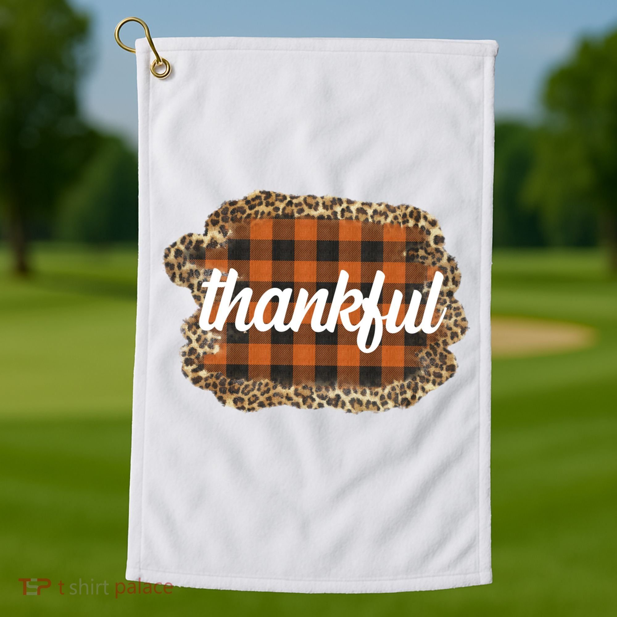 Thankful Thanksgiving Holiday Cheetah Plaid Golf Towel
