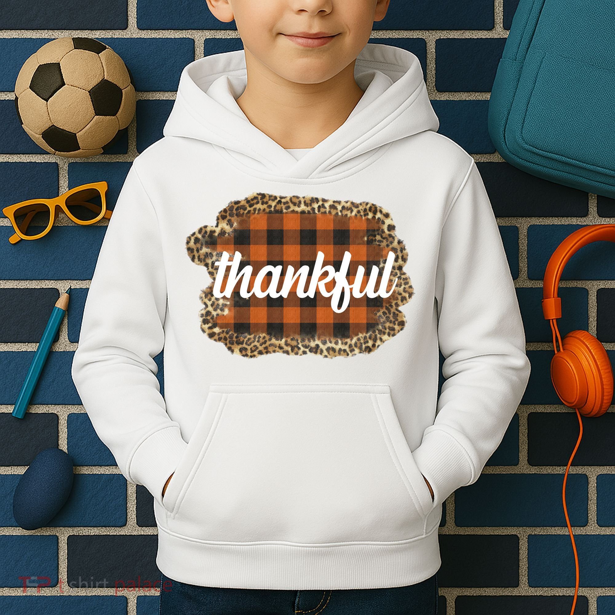 Thankful Thanksgiving Holiday Cheetah Plaid Kids Hoodie