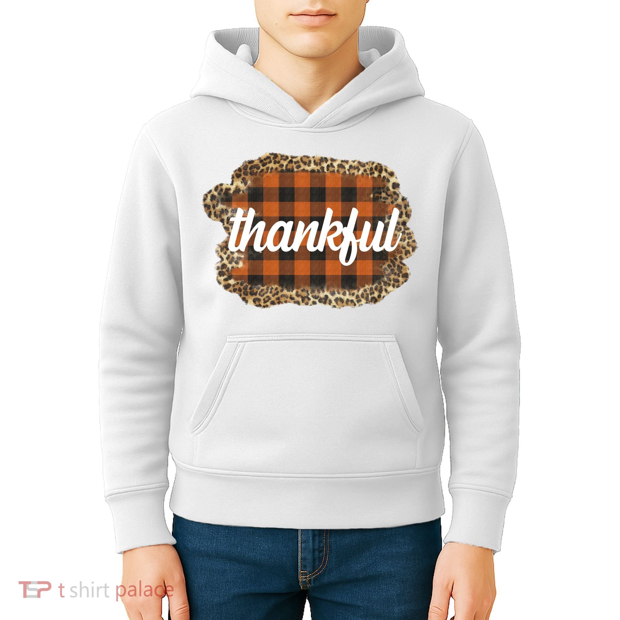 Thankful Thanksgiving Holiday Cheetah Plaid Kids Hoodie
