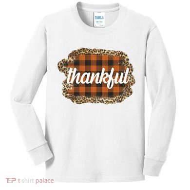Thankful Thanksgiving Holiday Cheetah Plaid Kids Long Sleeve Shirt