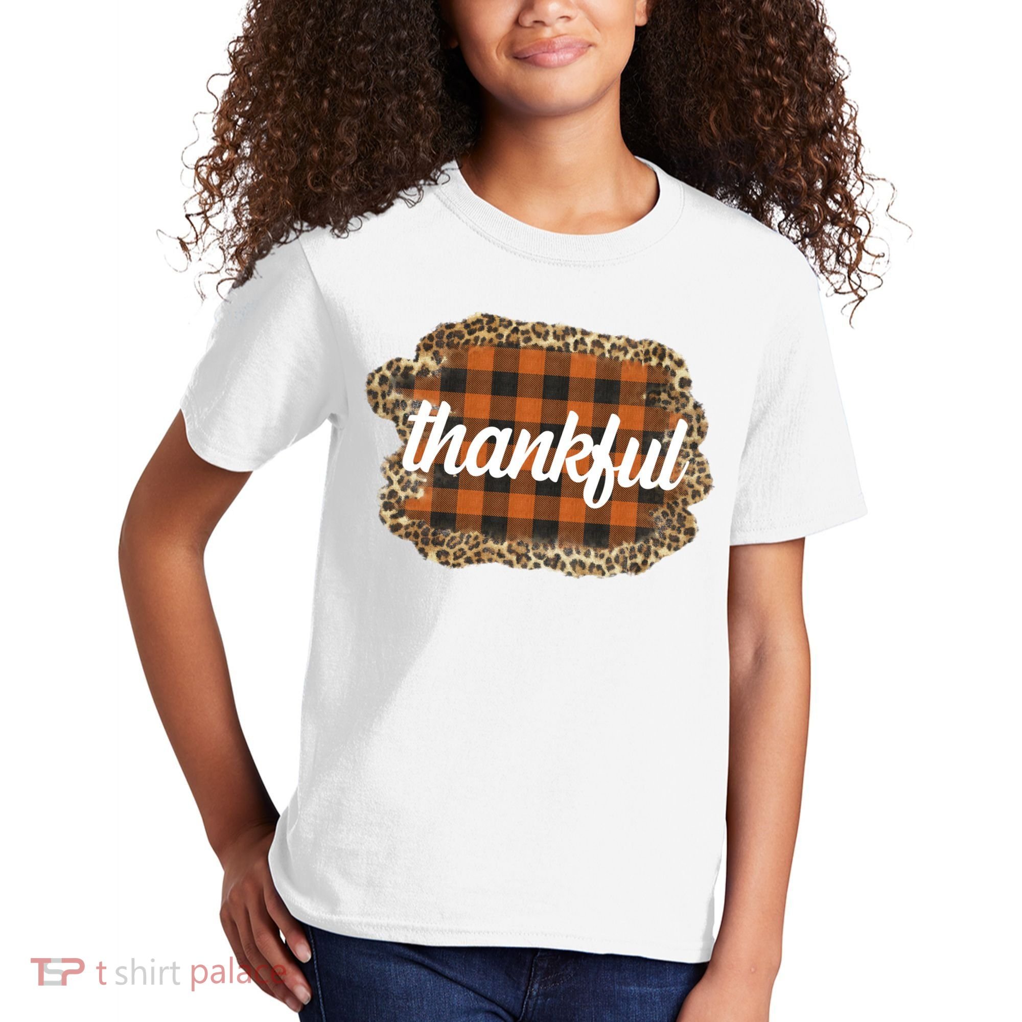 Thankful Thanksgiving Holiday Cheetah Plaid Kids T-Shirt