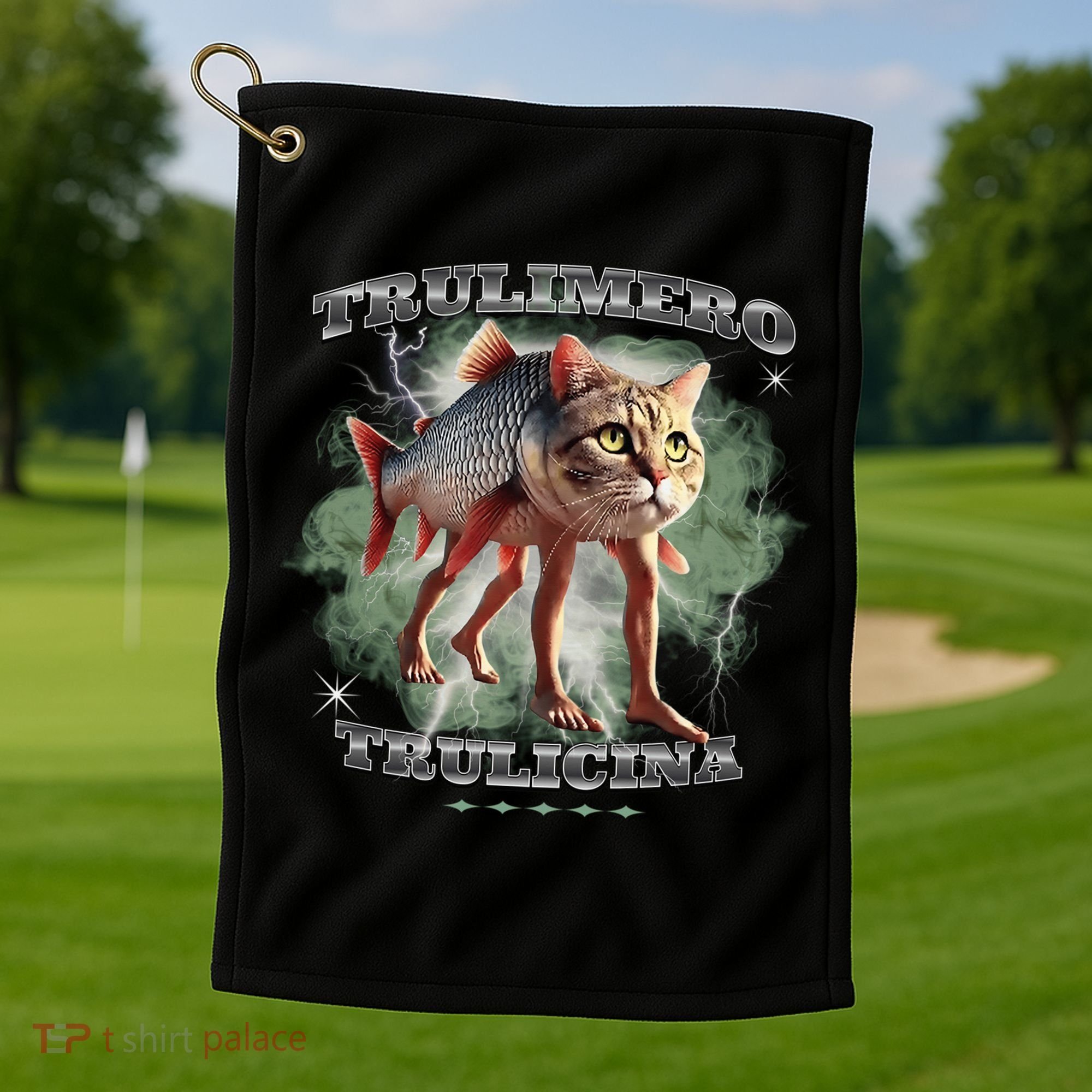 Trulimero Truli Italian Brainrot Meme Cats Head On A Fish Golf Towel