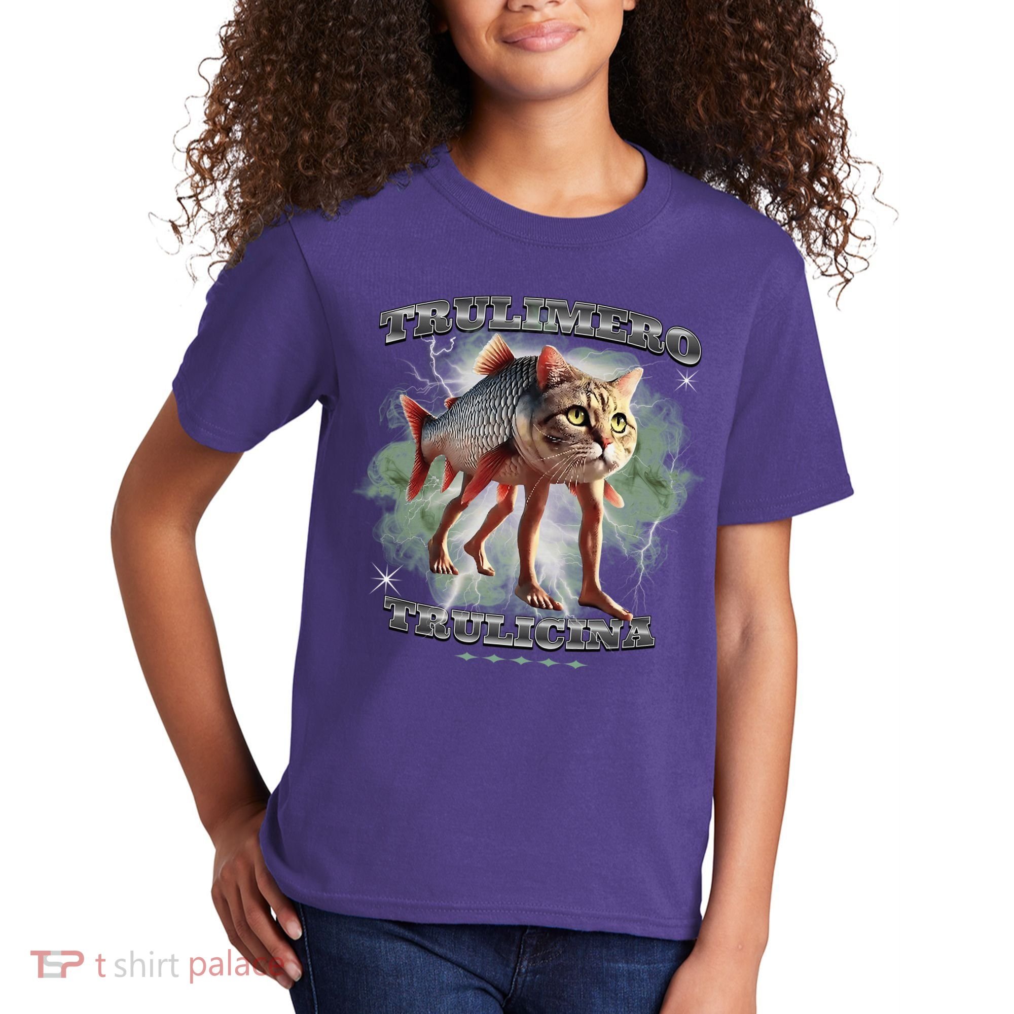 Trulimero Truli Italian Brainrot Meme Cats Head On A Fish Kids T-Shirt