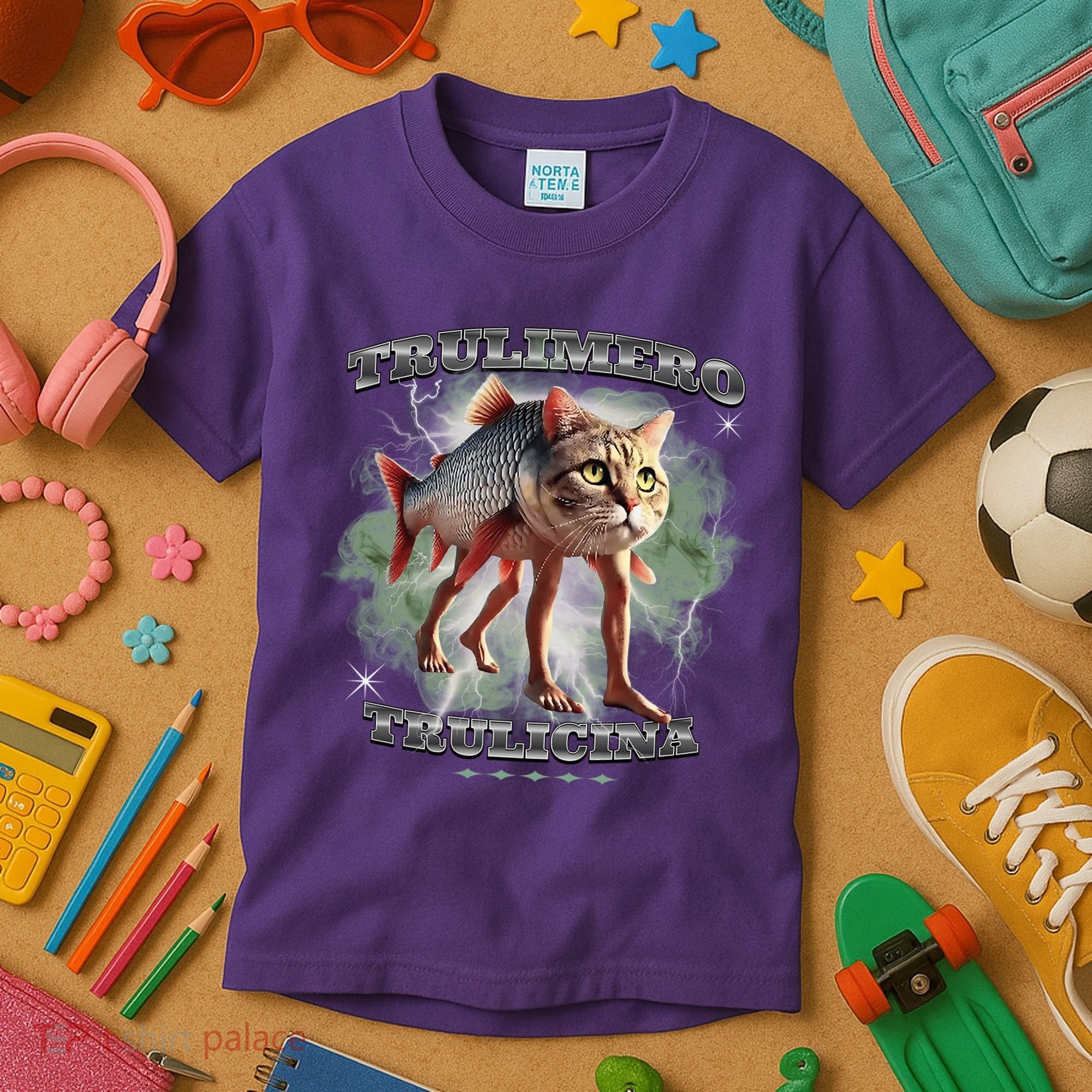 Trulimero Truli Italian Brainrot Meme Cats Head On A Fish Kids T-Shirt