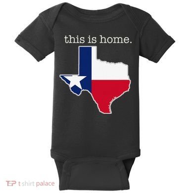Texas This Is Home with State Outline and Texas Flag Baby Bodysuit