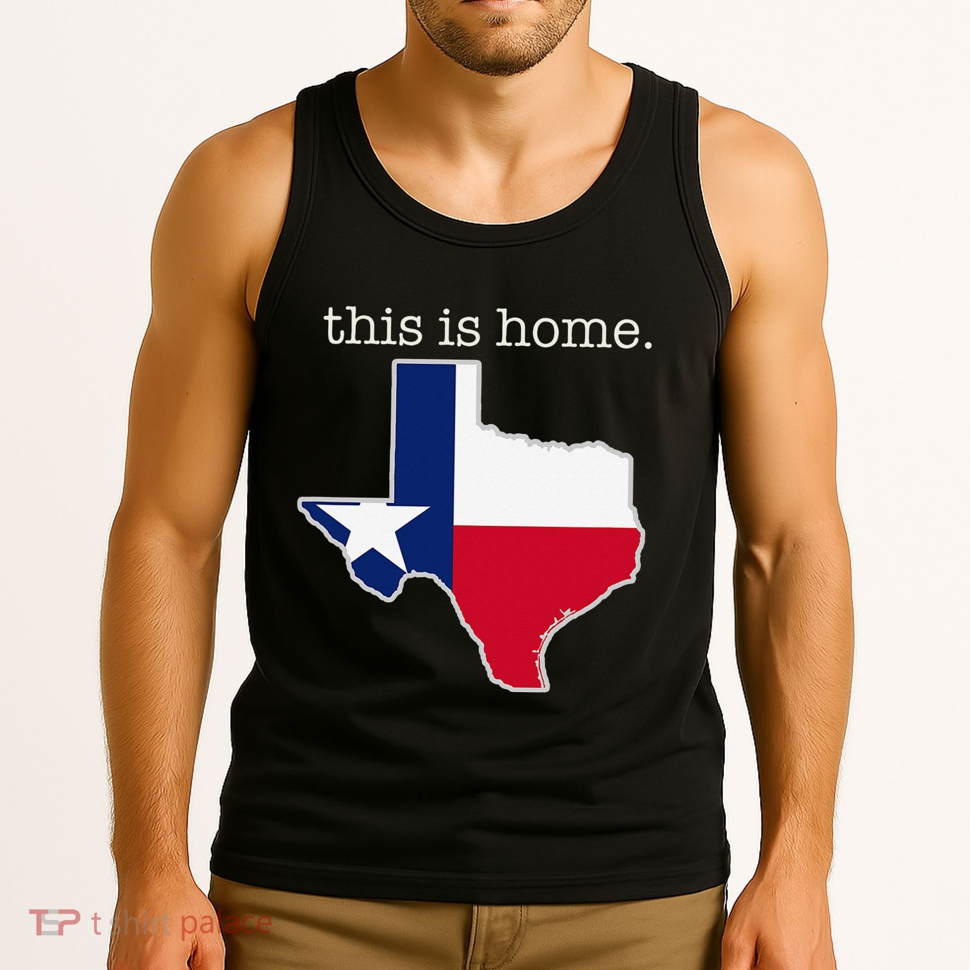 Texas This Is Home with State Outline and Texas Flag Tank Top