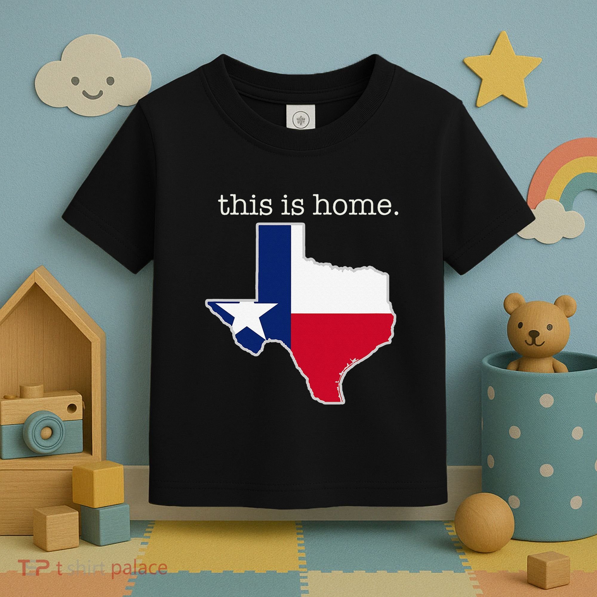 Texas This Is Home with State Outline and Texas Flag Toddler T-Shirt