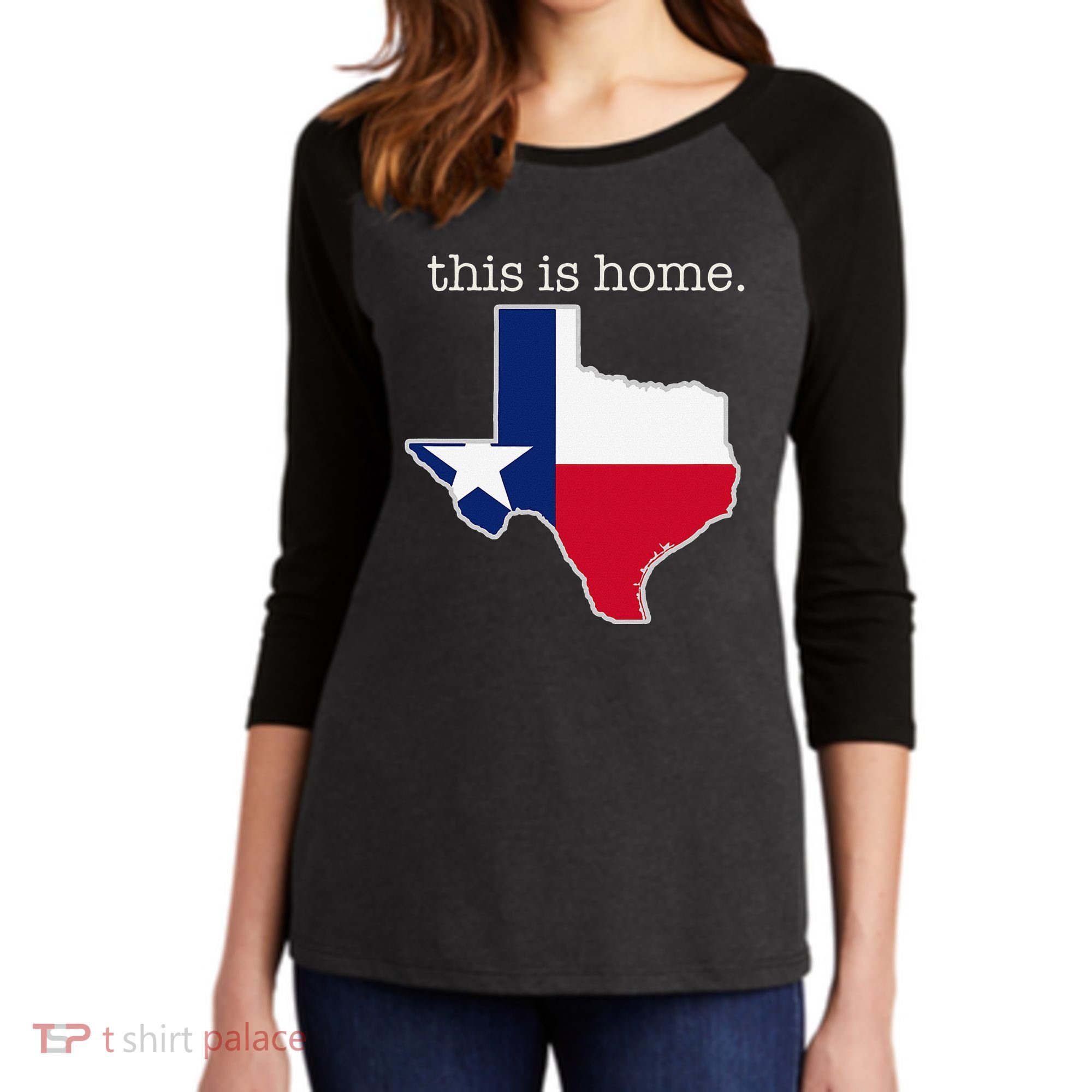 Texas This Is Home with State Outline and Texas Flag Women's Tri-Blend 3/4-Sleeve Raglan Shirt