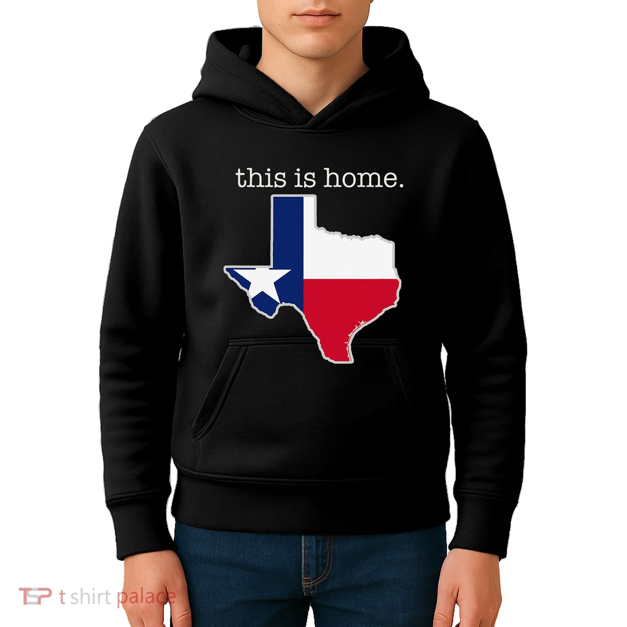 Texas This Is Home with State Outline and Texas Flag Kids Hoodie