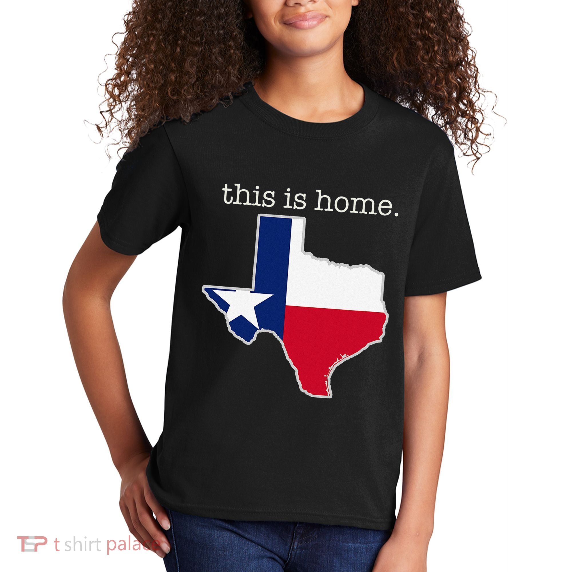 Texas This Is Home with State Outline and Texas Flag Kids T-Shirt