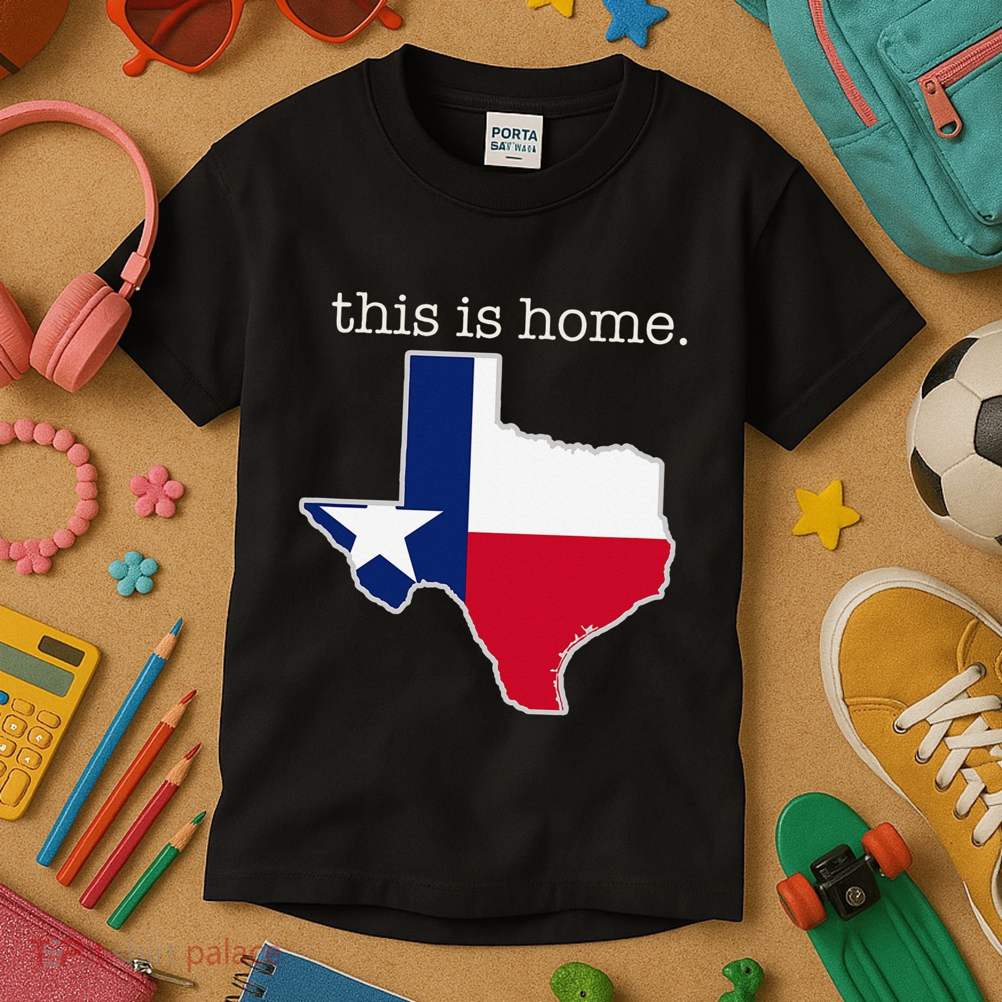 Texas This Is Home with State Outline and Texas Flag Kids T-Shirt