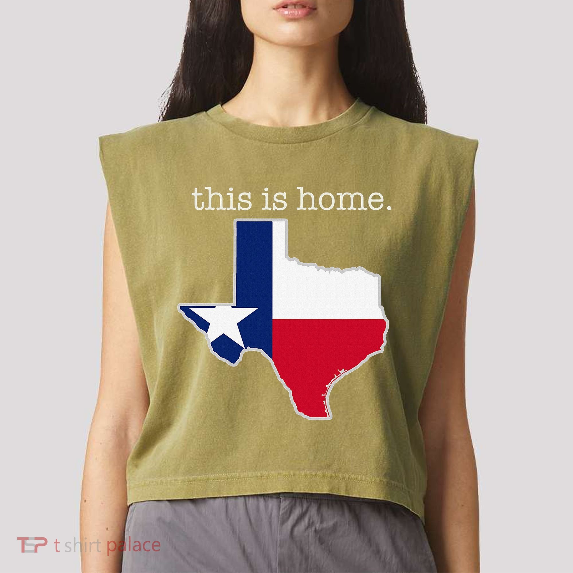 Texas This Is Home with State Outline and Texas Flag Garment-Dyed Women's Muscle Tee