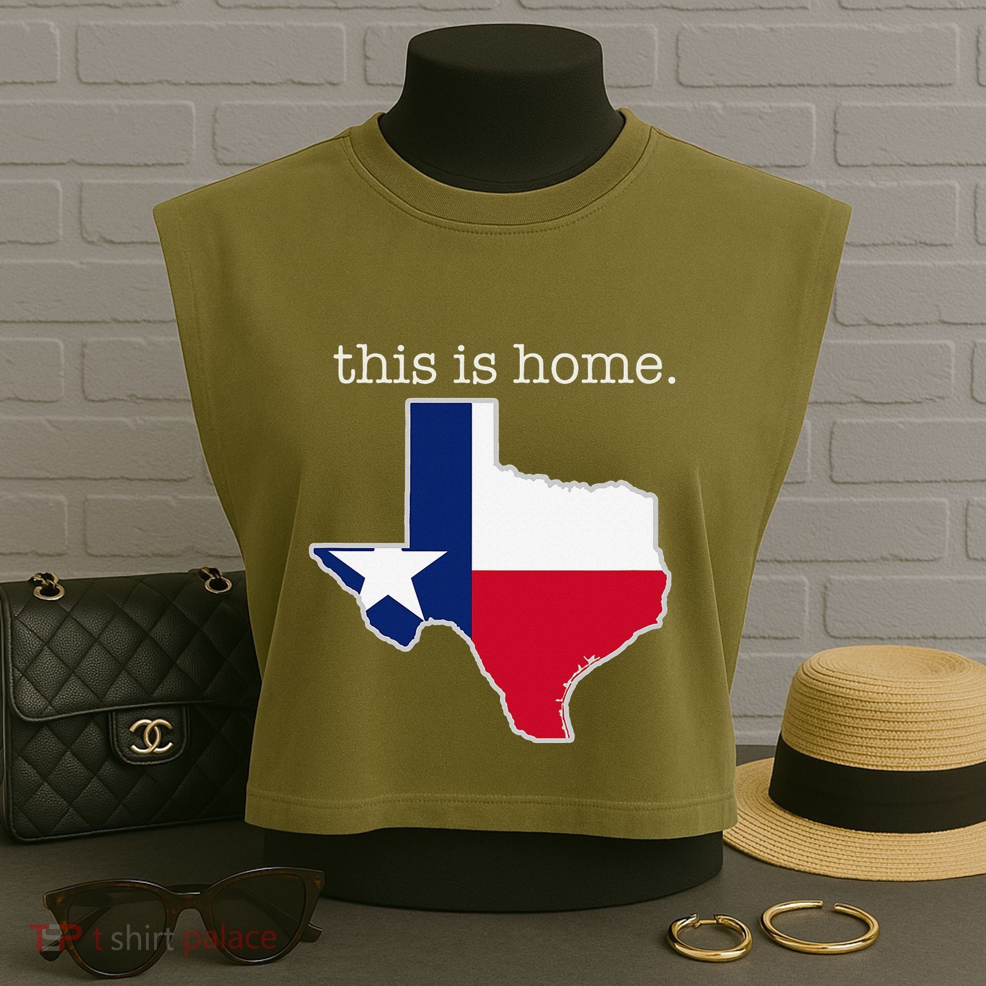 Texas This Is Home with State Outline and Texas Flag Garment-Dyed Women's Muscle Tee
