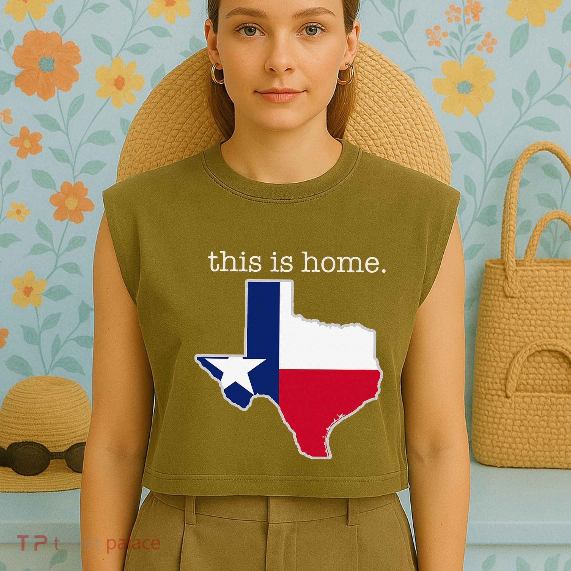 Texas This Is Home with State Outline and Texas Flag Garment-Dyed Women's Muscle Tee