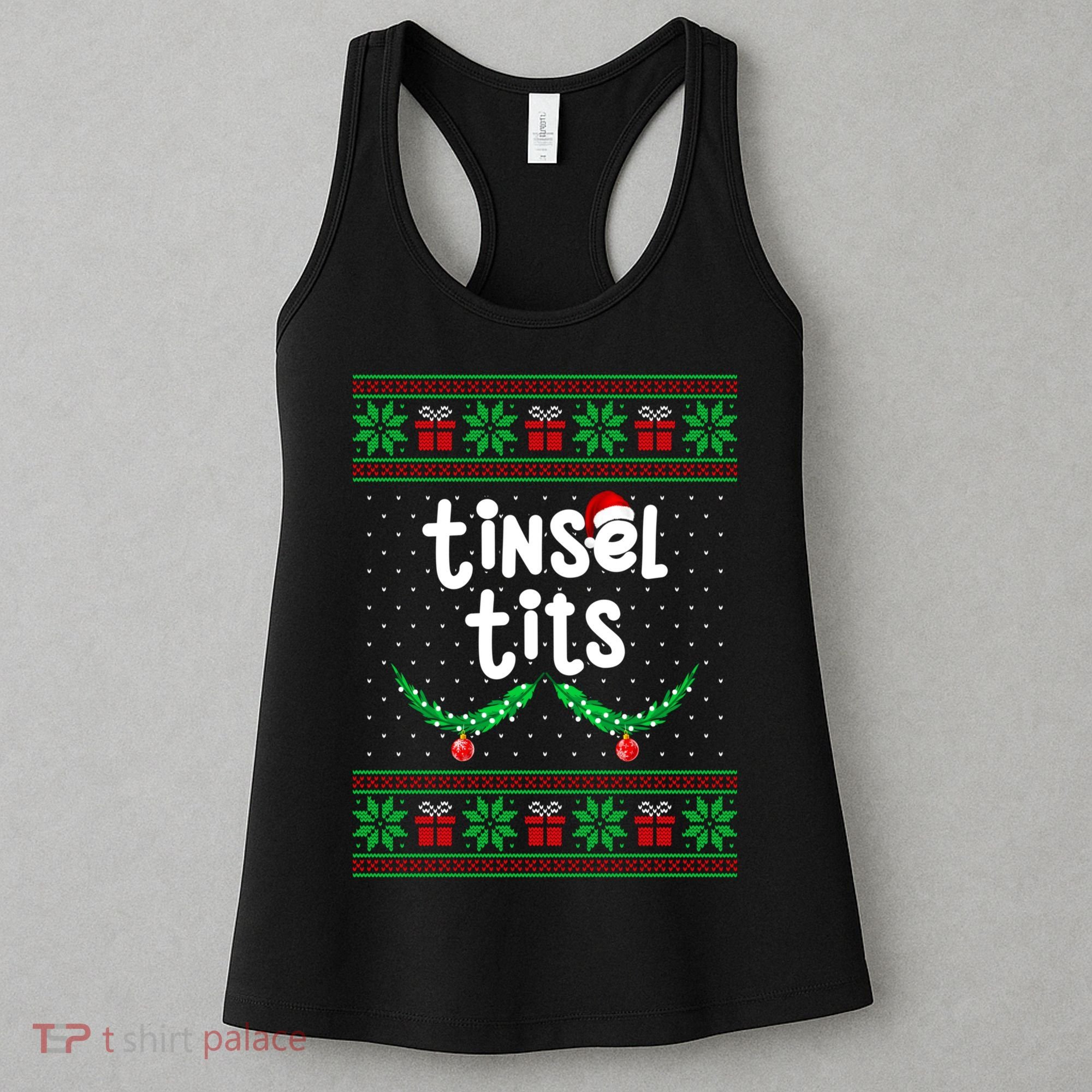 Tinsel Tits Jingle Balls Funny Matching Couple Ugly Christmas Sweater Women's Tank Top