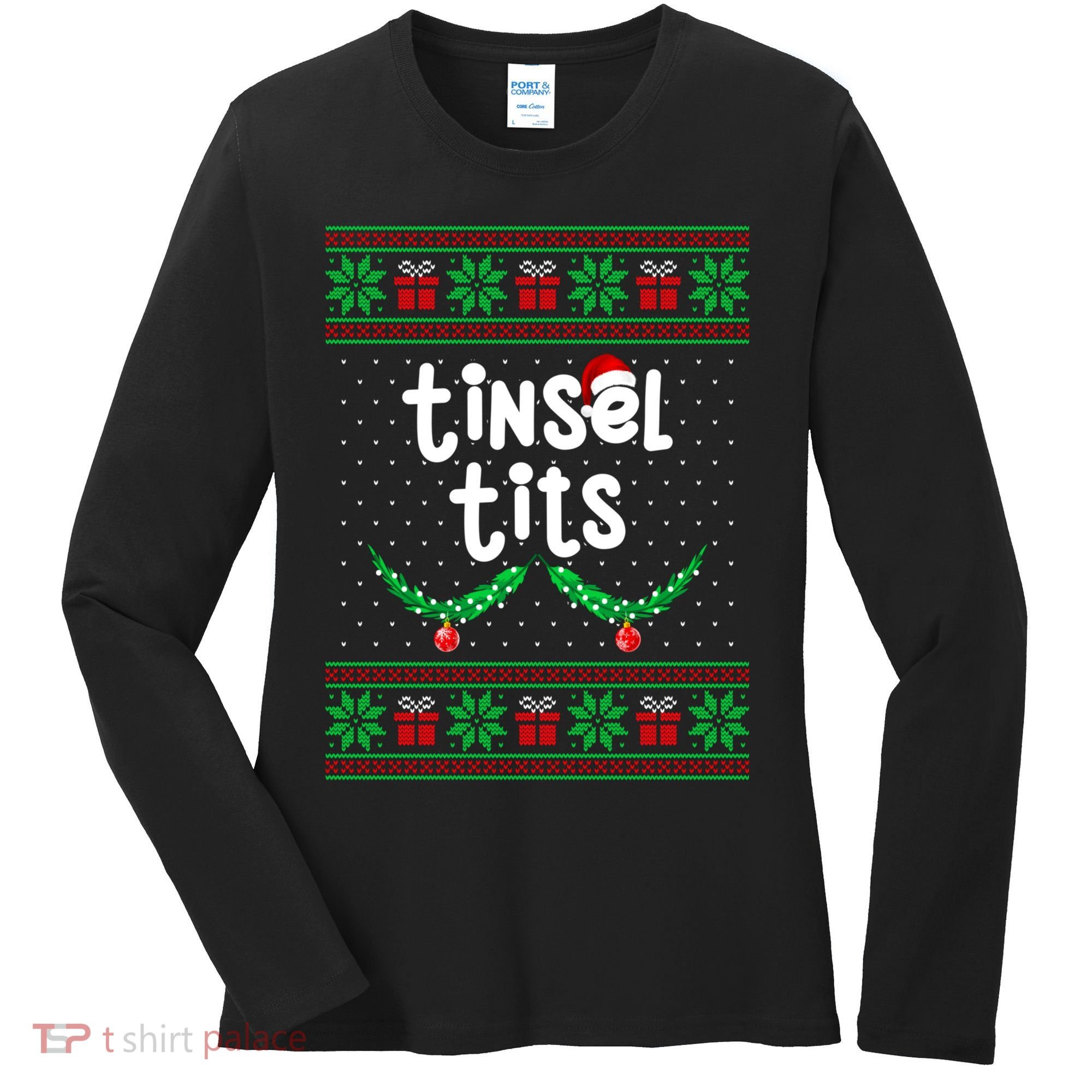Tinsel Tits Jingle Balls Funny Matching Couple Ugly Christmas Sweater Women's Long Sleeve Shirt