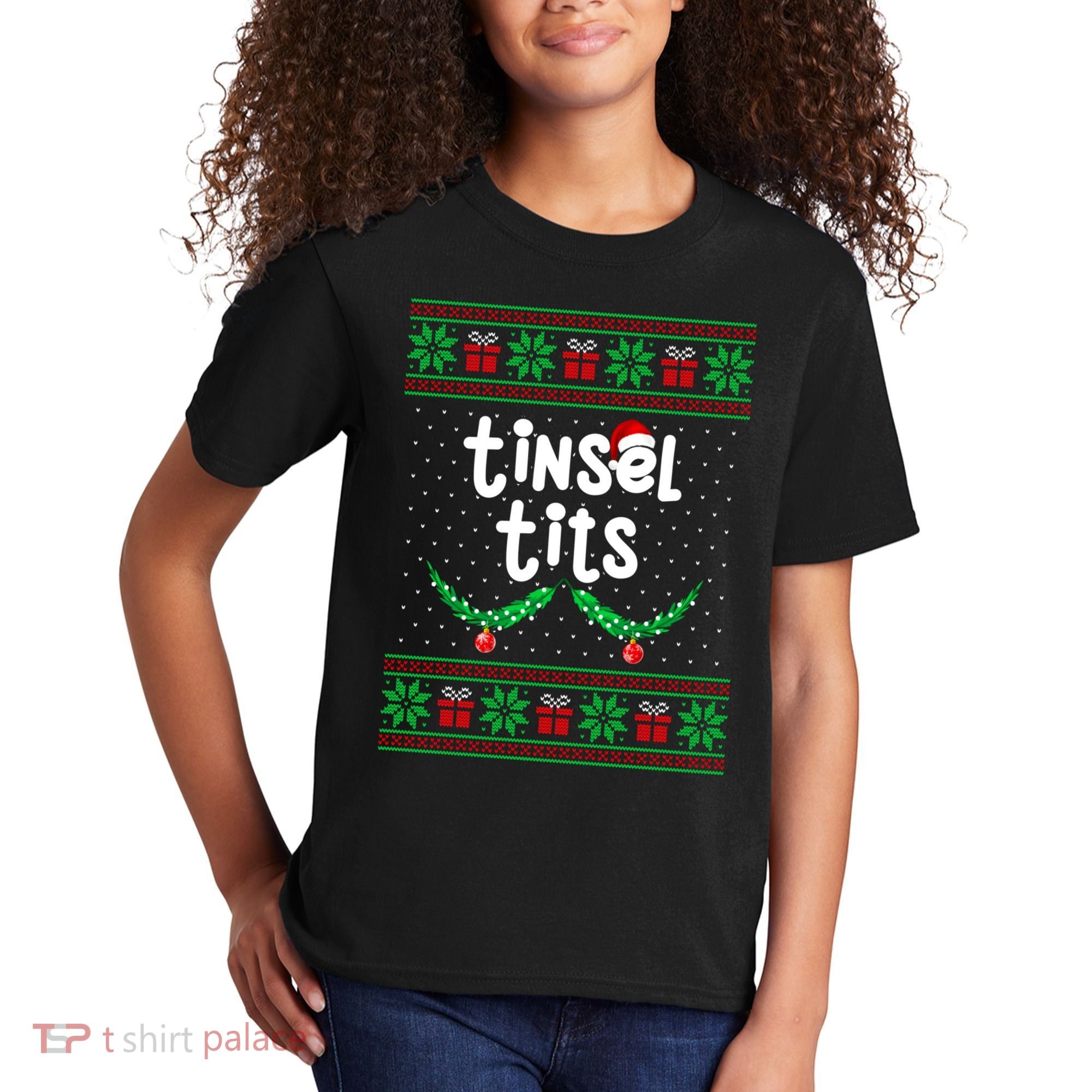 Tinsel Tits Jingle Balls Funny Matching Couple Ugly Christmas Sweater Kids T-Shirt