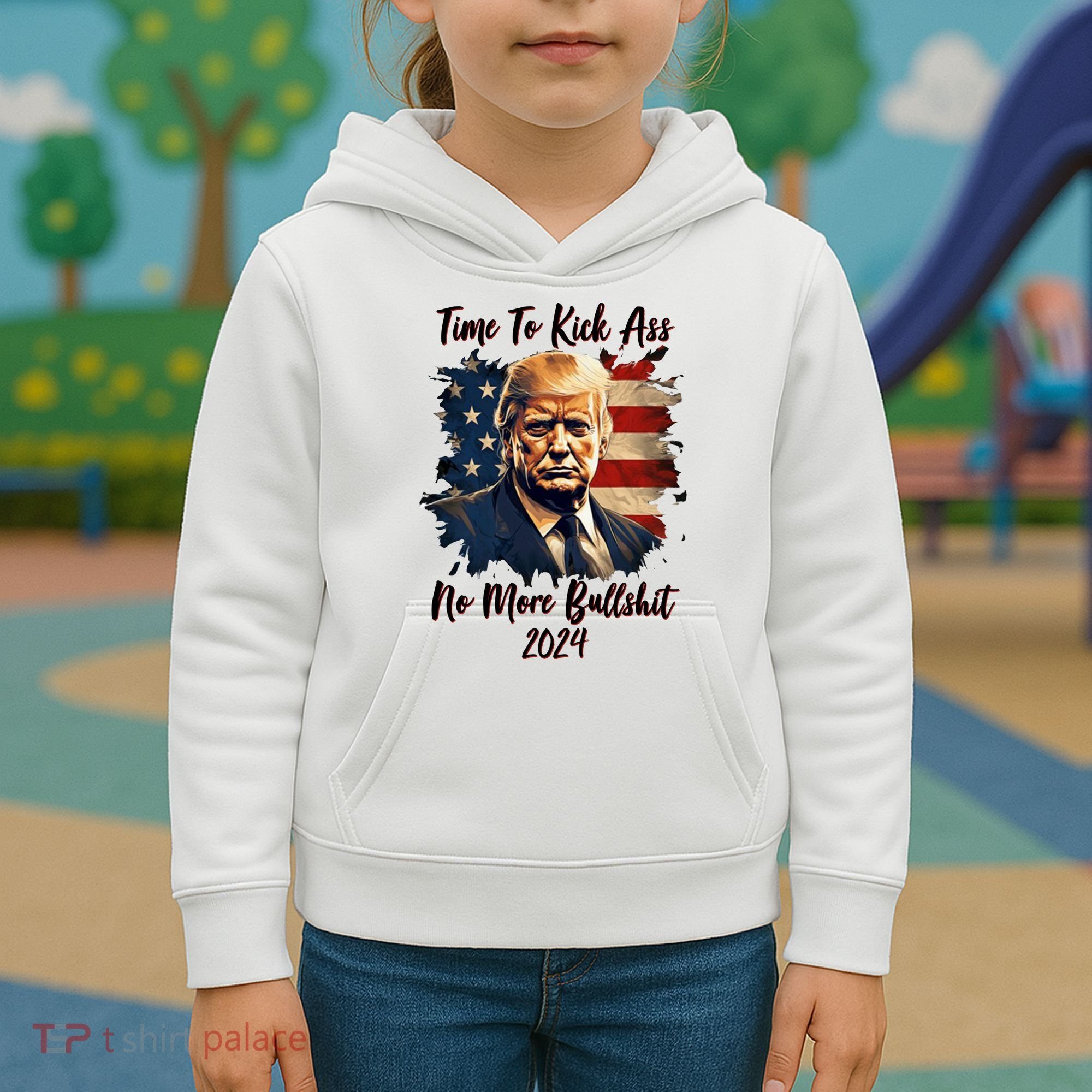 Time To Kick Ass No More Bullshit Trump 2024 Usa Kids Hoodie