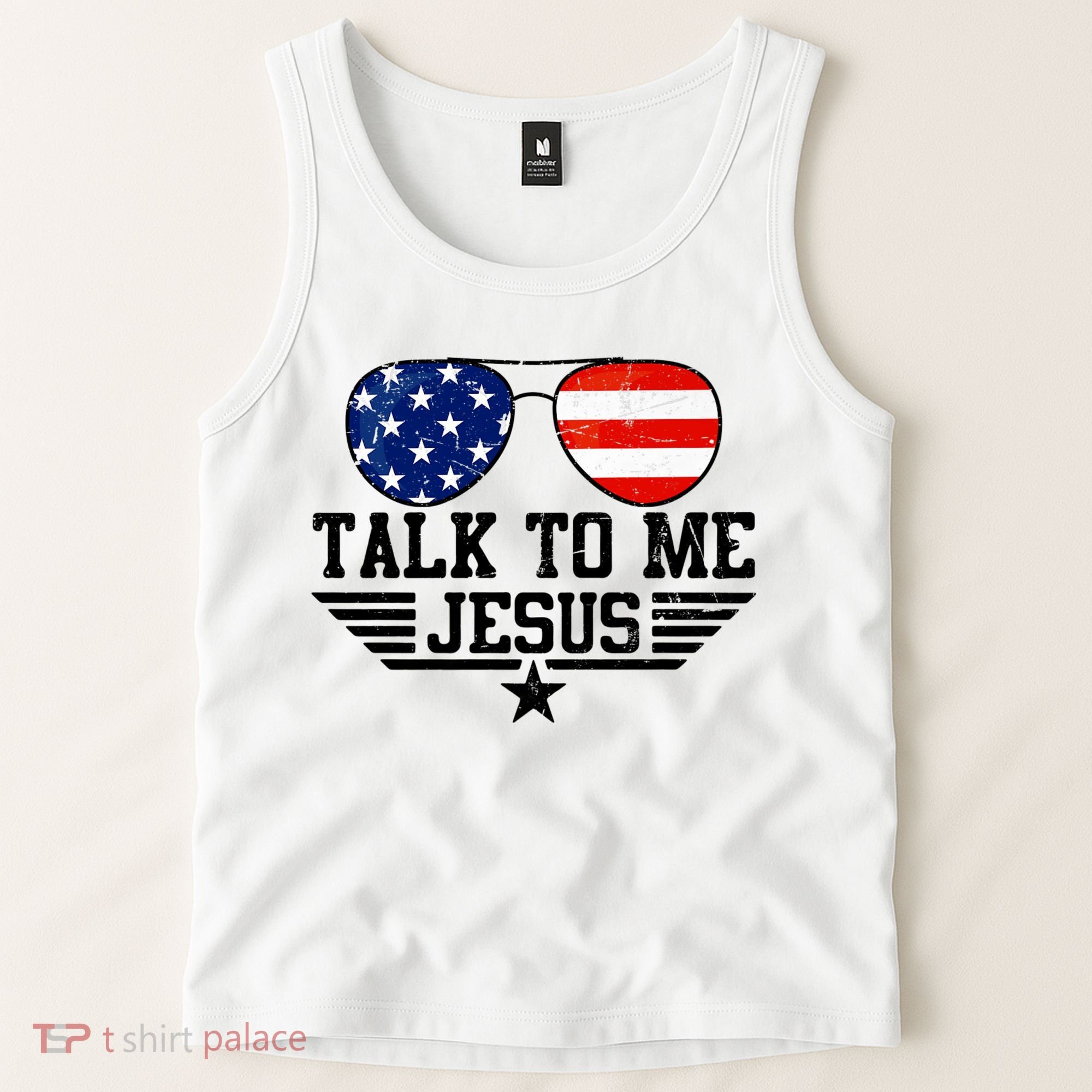Talk To Me Jesus Glasses Usa Flag Tank Top