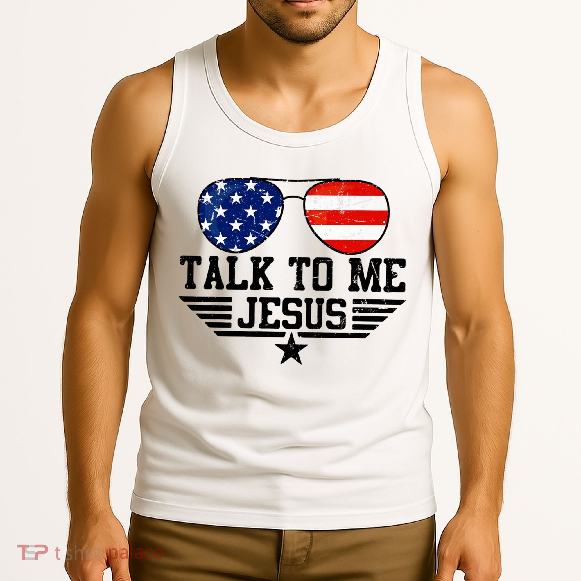 Talk To Me Jesus Glasses Usa Flag Tank Top