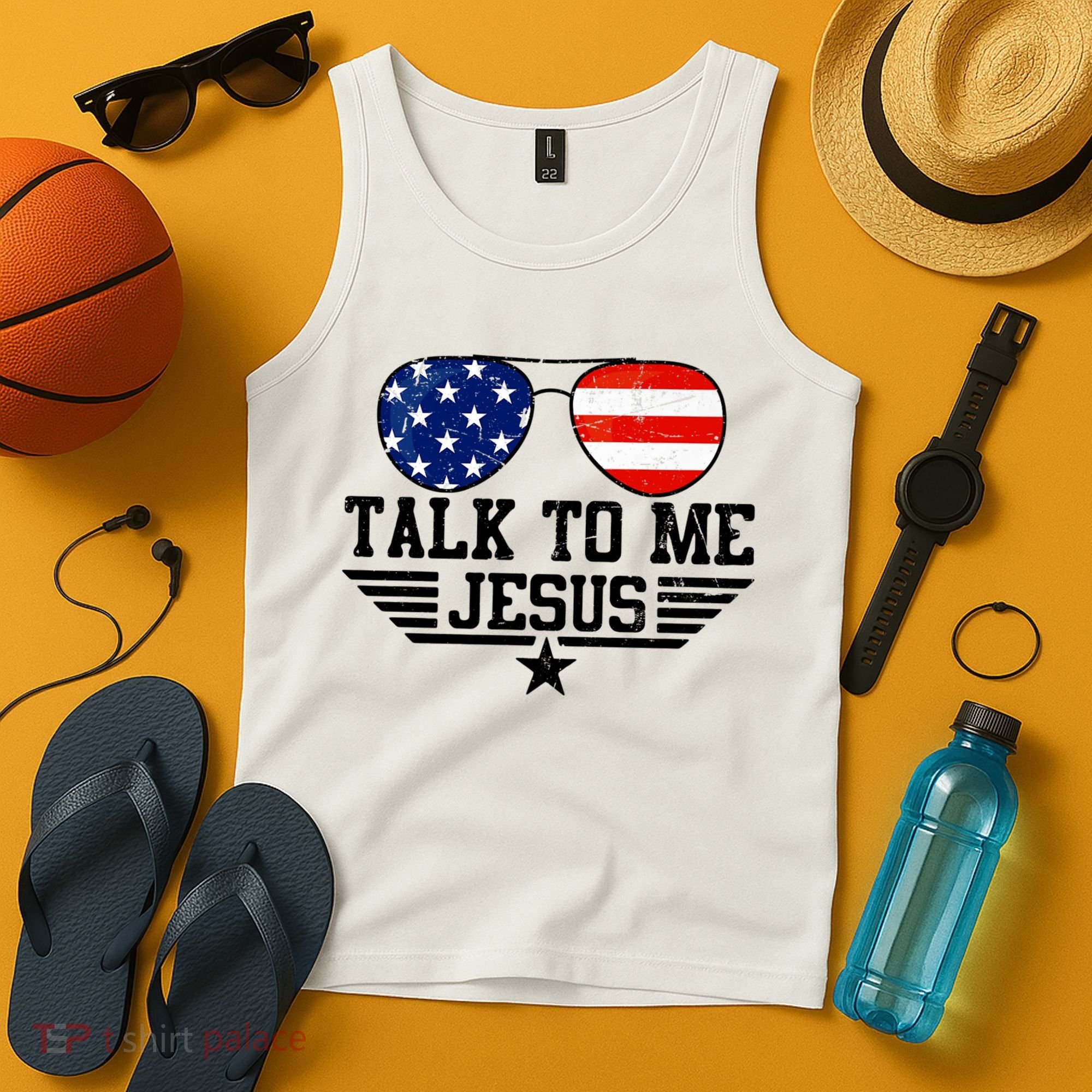 Talk To Me Jesus Glasses Usa Flag Tank Top