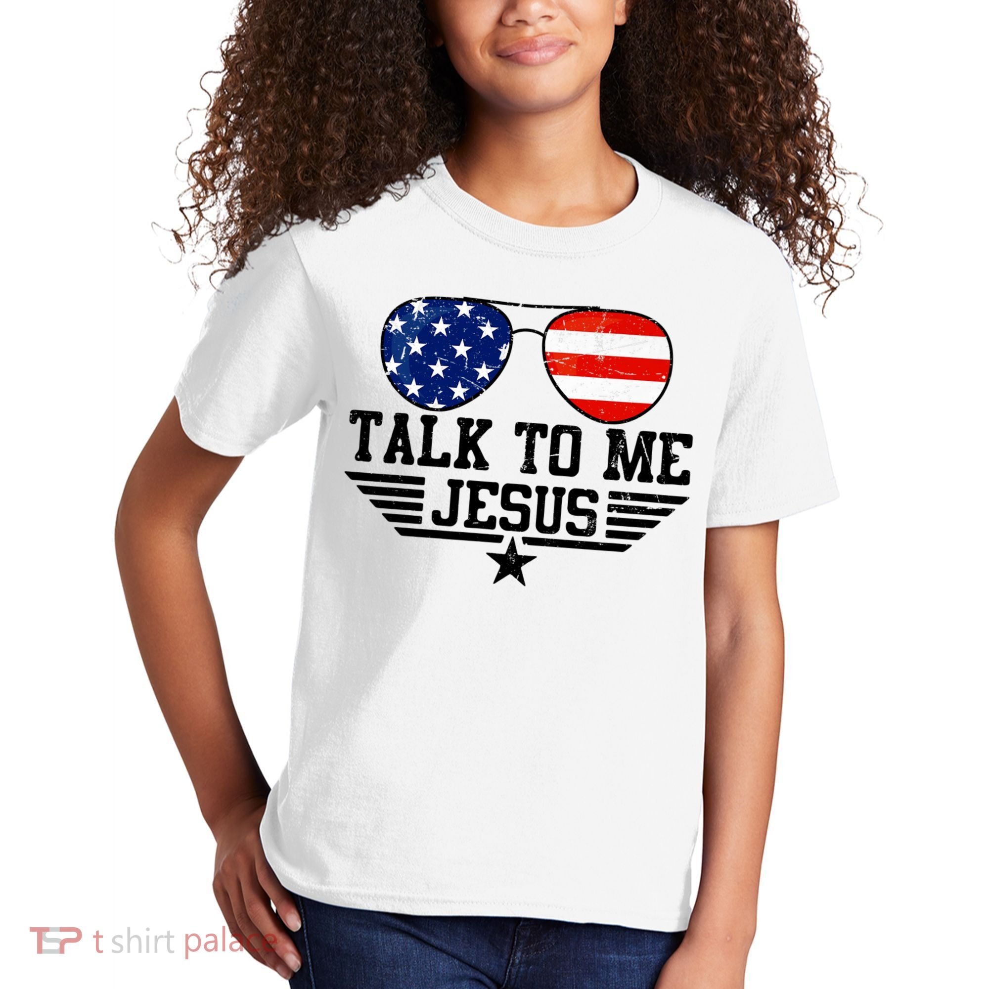 Talk To Me Jesus Glasses Usa Flag Kids T-Shirt