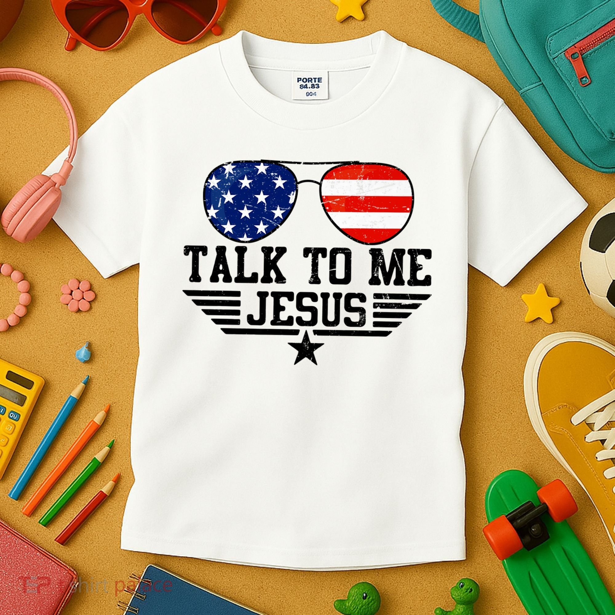 Talk To Me Jesus Glasses Usa Flag Kids T-Shirt