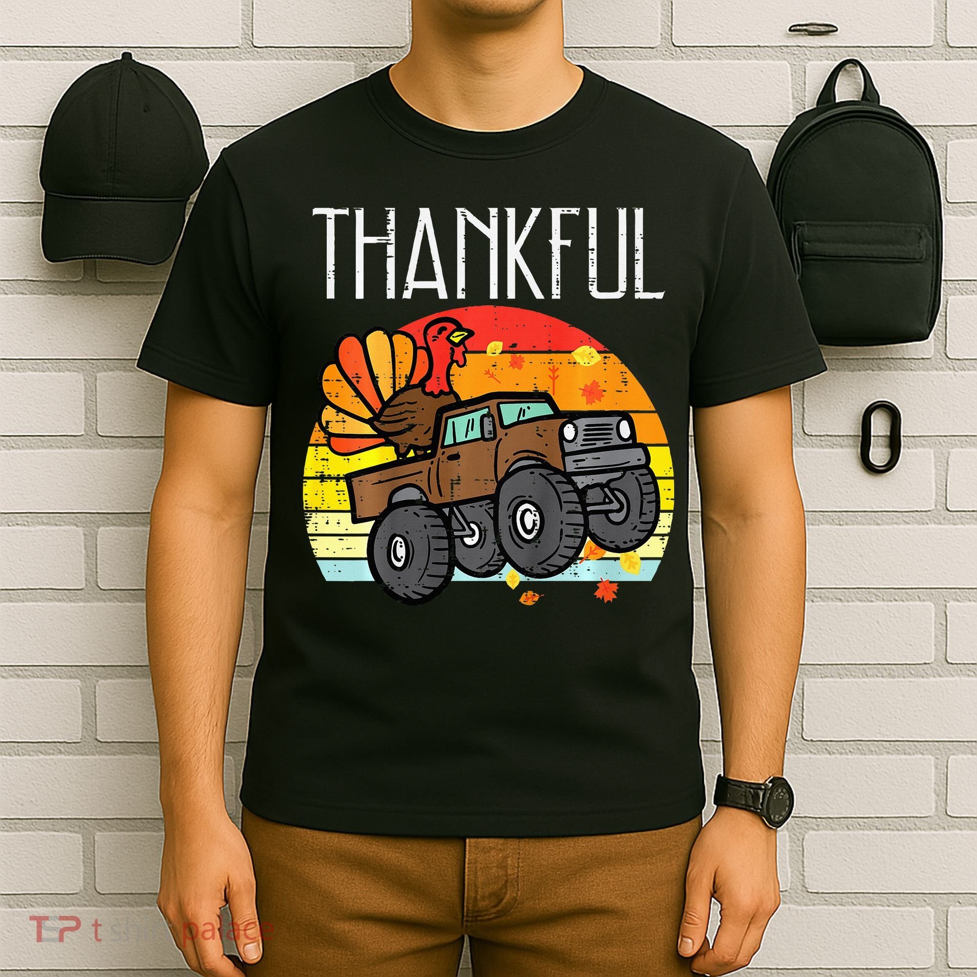 Thankful Turkey Monster Truck Retro Thanksgiving T-Shirt