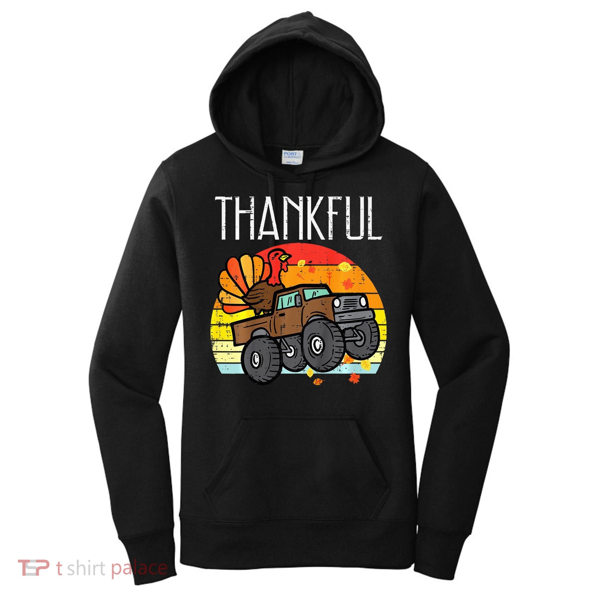 Thankful Turkey Monster Truck Retro Thanksgiving Women's Hoodie