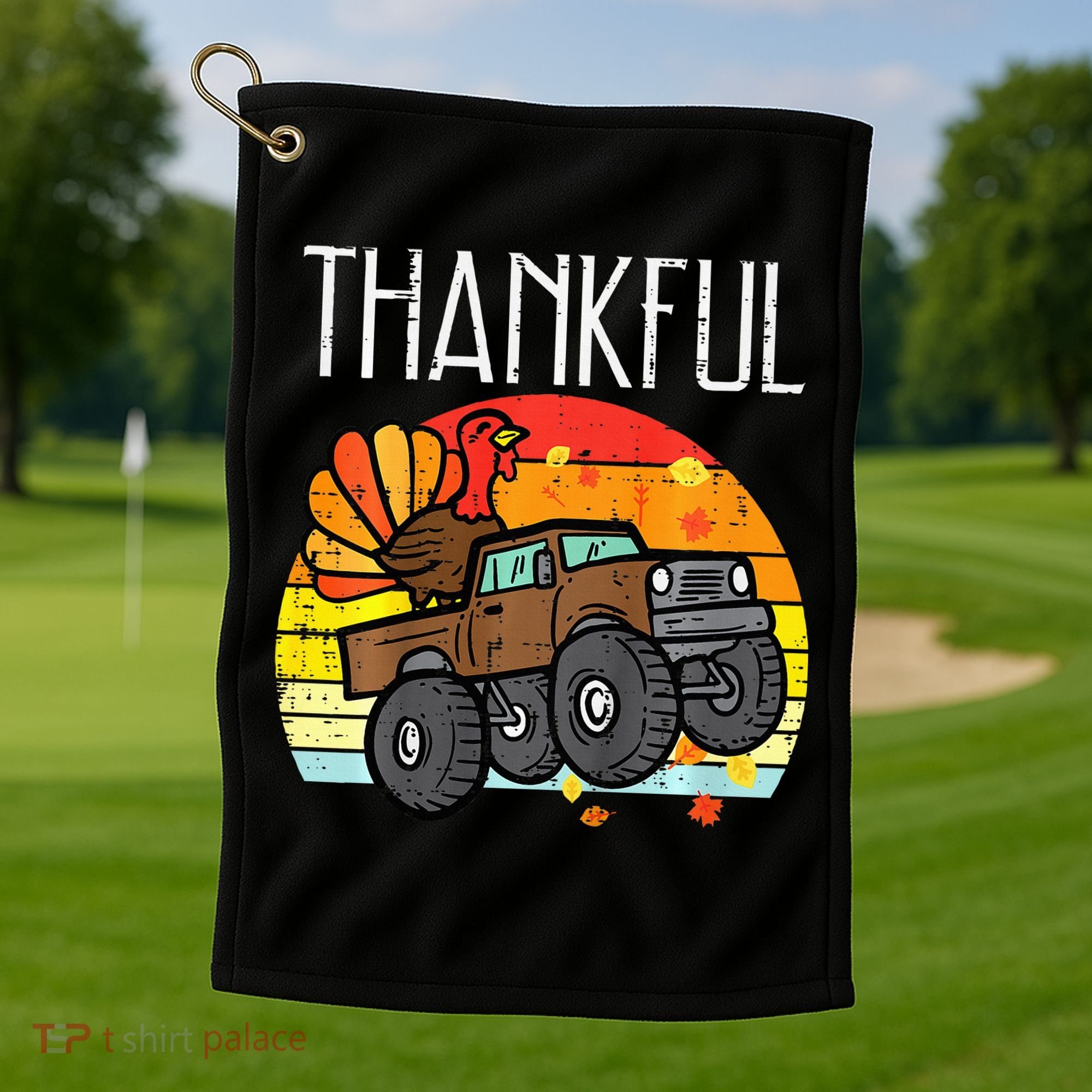Thankful Turkey Monster Truck Retro Thanksgiving Golf Towel