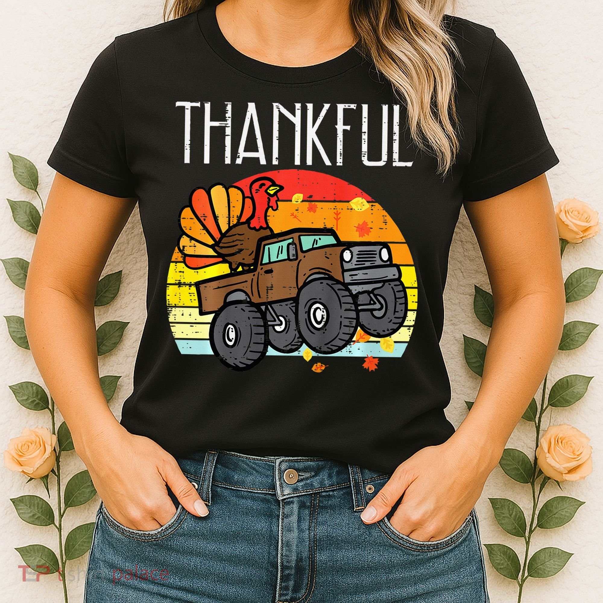 Thankful Turkey Monster Truck Retro Thanksgiving Women's T-Shirt