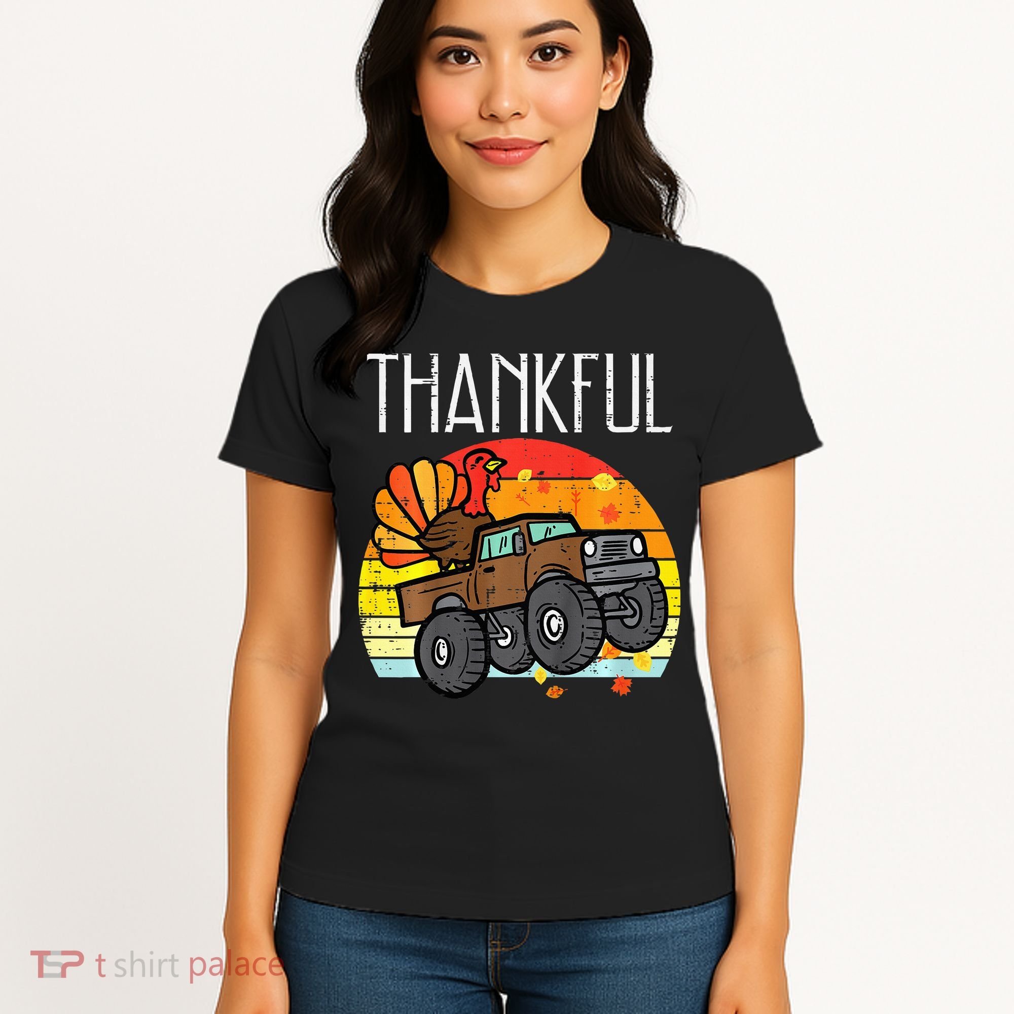 Thankful Turkey Monster Truck Retro Thanksgiving Women's T-Shirt