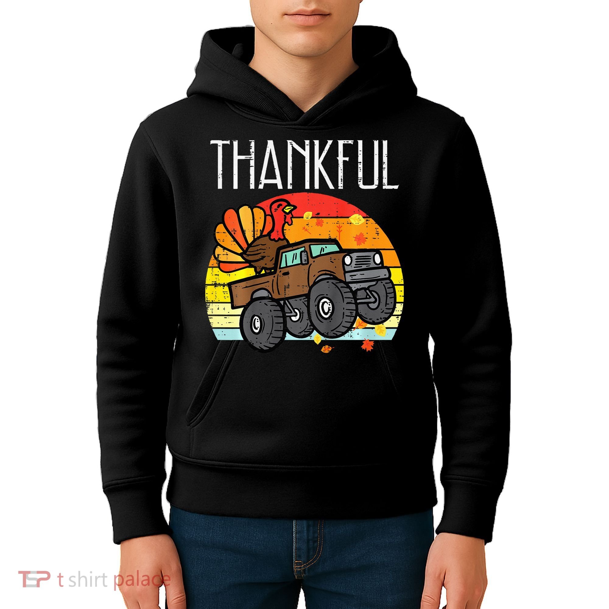 Thankful Turkey Monster Truck Retro Thanksgiving Kids Hoodie