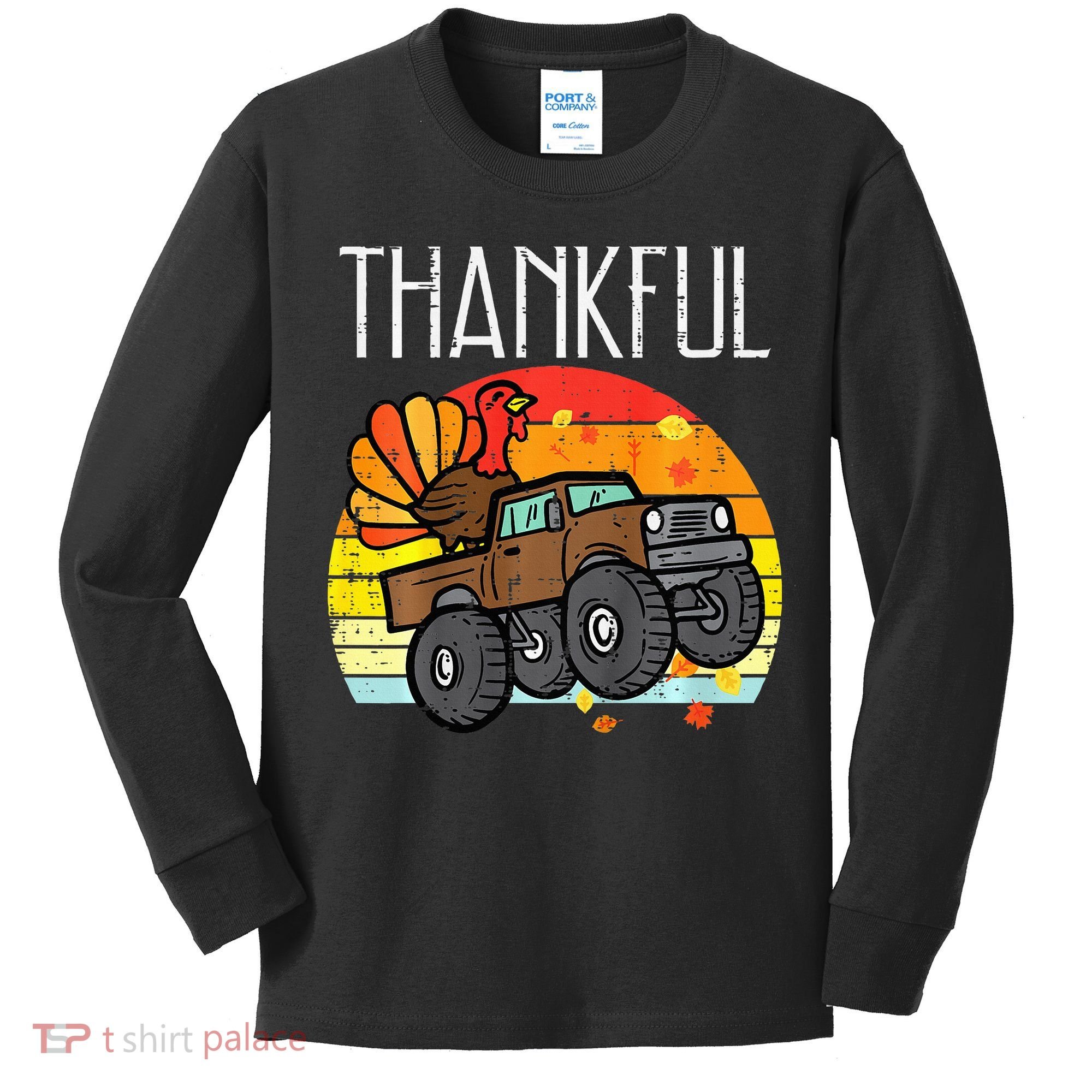 Thankful Turkey Monster Truck Retro Thanksgiving Kids Long Sleeve Shirt