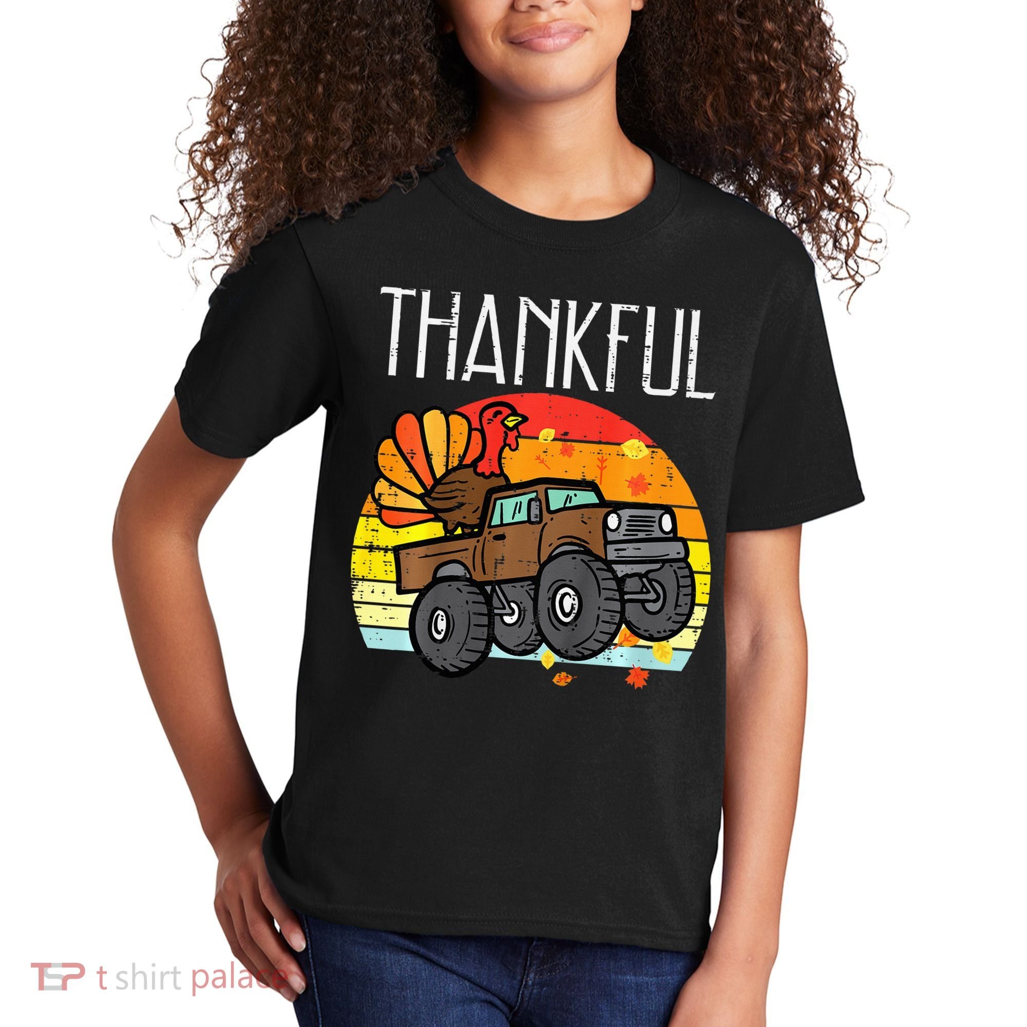 Thankful Turkey Monster Truck Retro Thanksgiving Kids T-Shirt