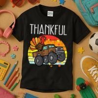 Thankful Turkey Monster Truck Retro Thanksgiving Kids T-Shirt thumb 3