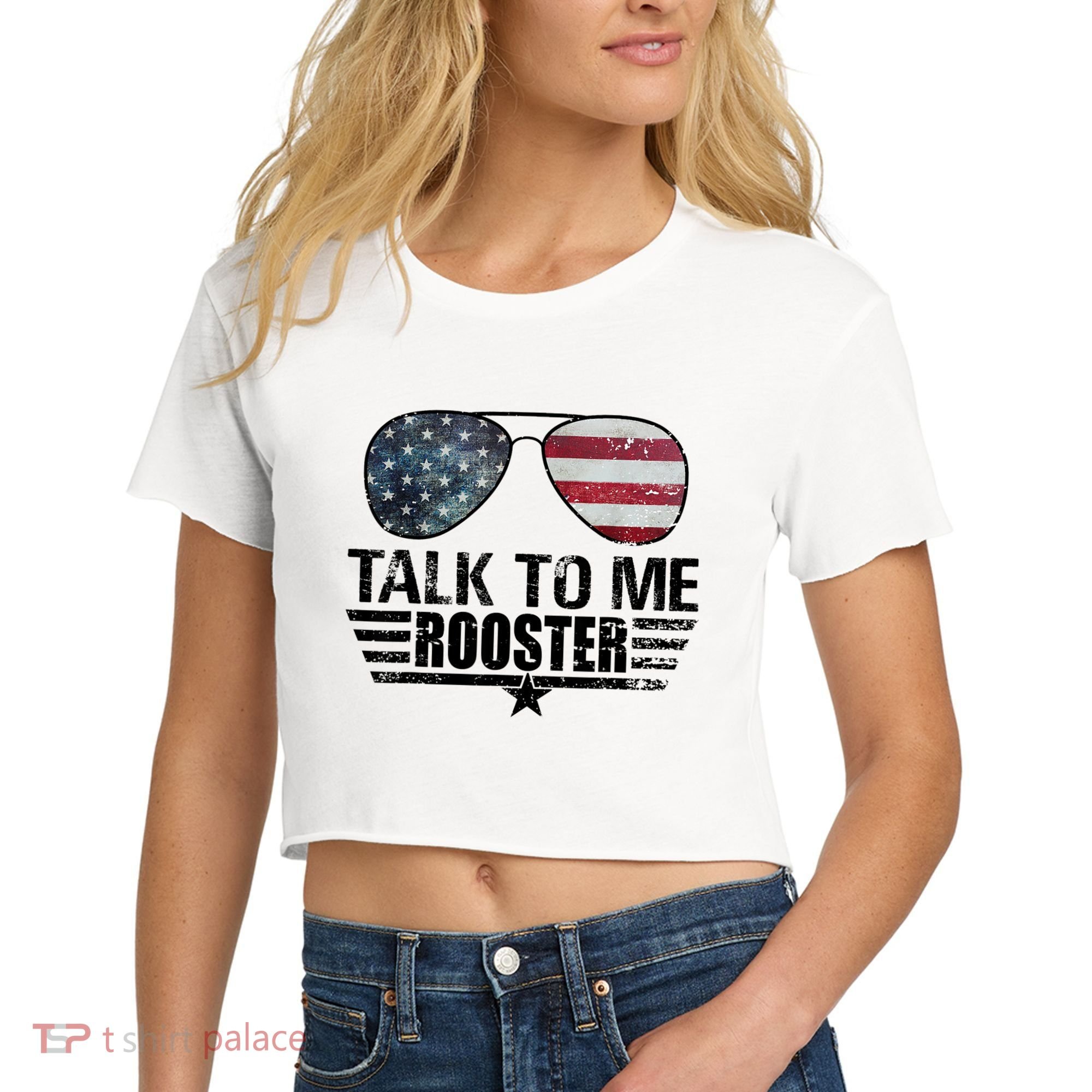 Talk To Me Rooster Sunglasses America Flag Women's Crop Top Tee