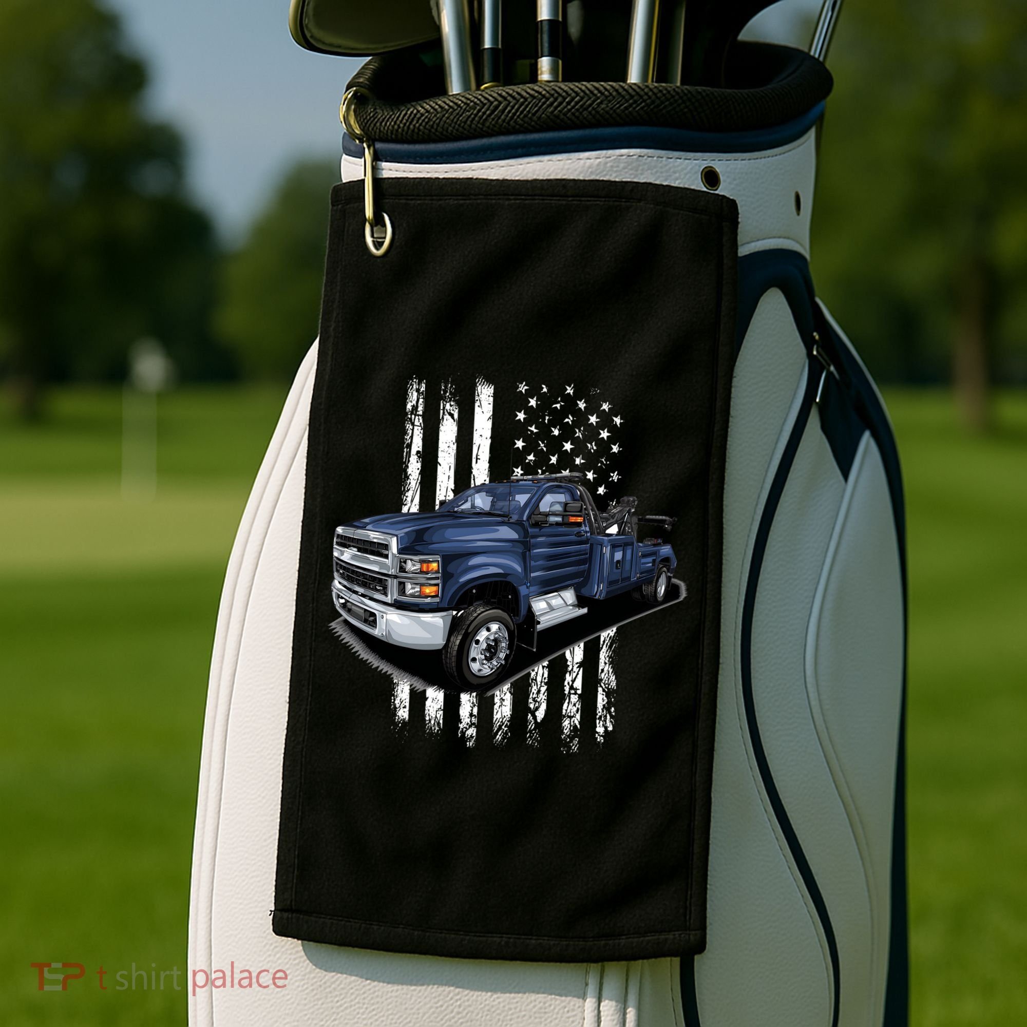 Tow Truck On American Flag Gift Golf Towel