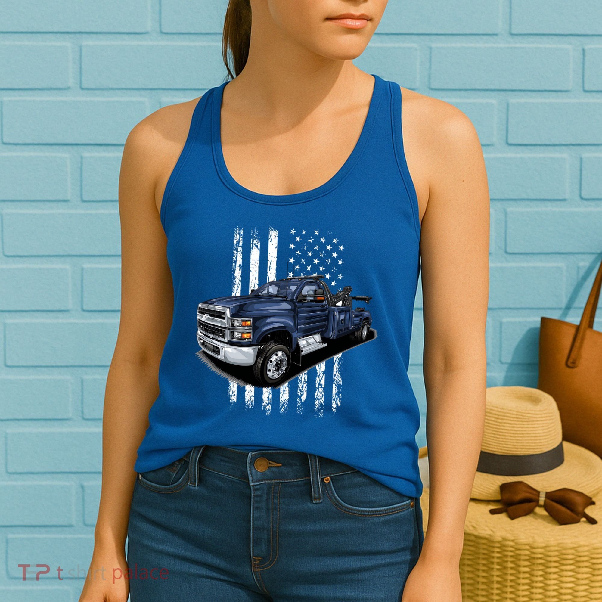Tow Truck On American Flag Gift Women's Tank Top