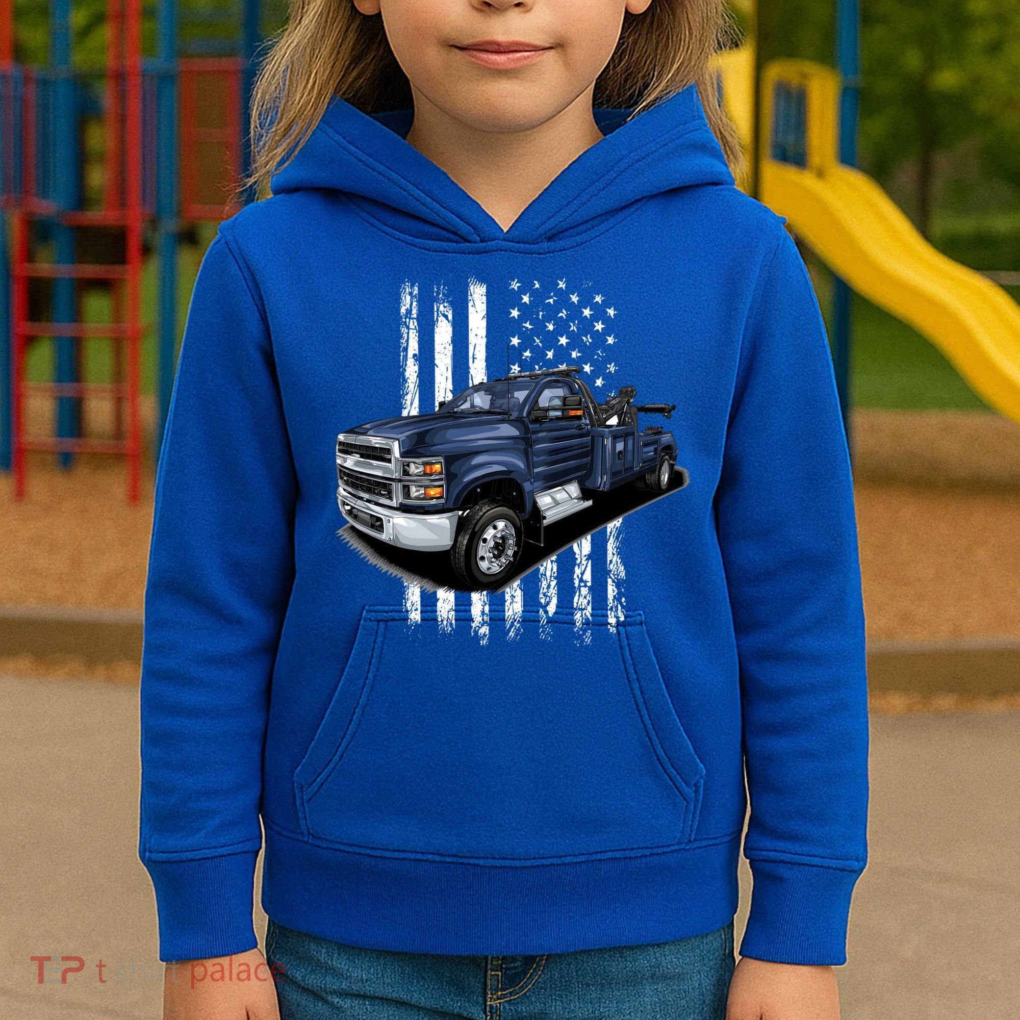 Tow Truck On American Flag Gift Kids Hoodie