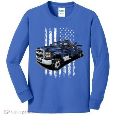 Tow Truck On American Flag Gift Kids Long Sleeve Shirt