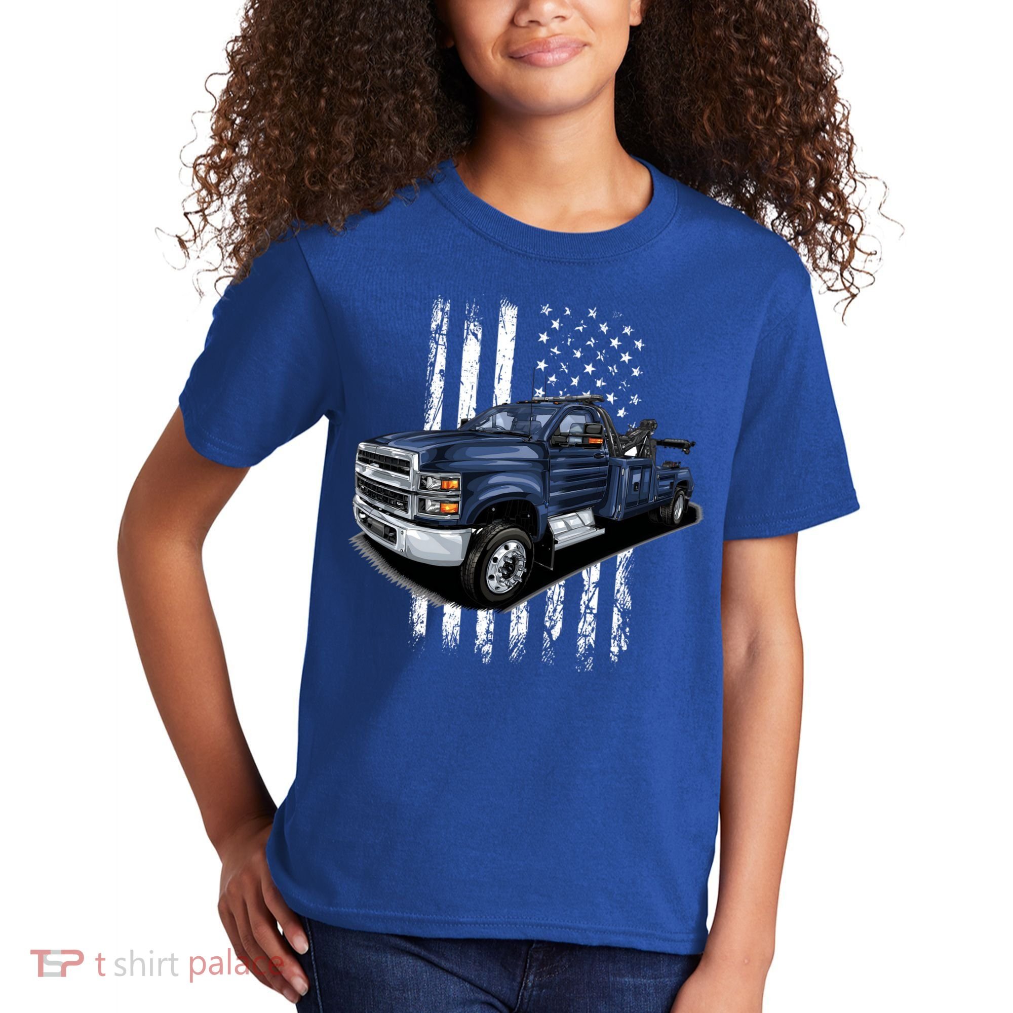 Tow Truck On American Flag Gift Kids T-Shirt