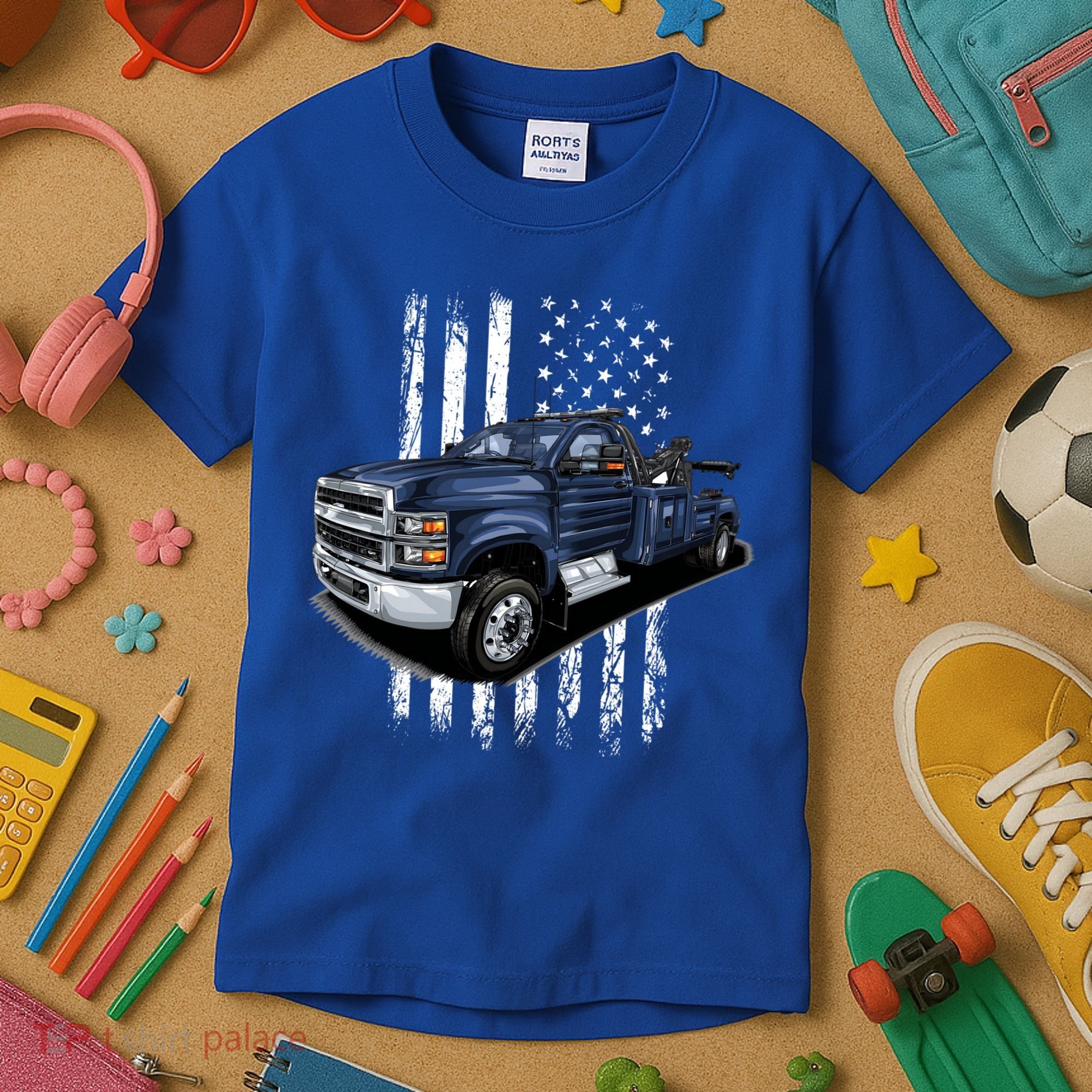 Tow Truck On American Flag Gift Kids T-Shirt